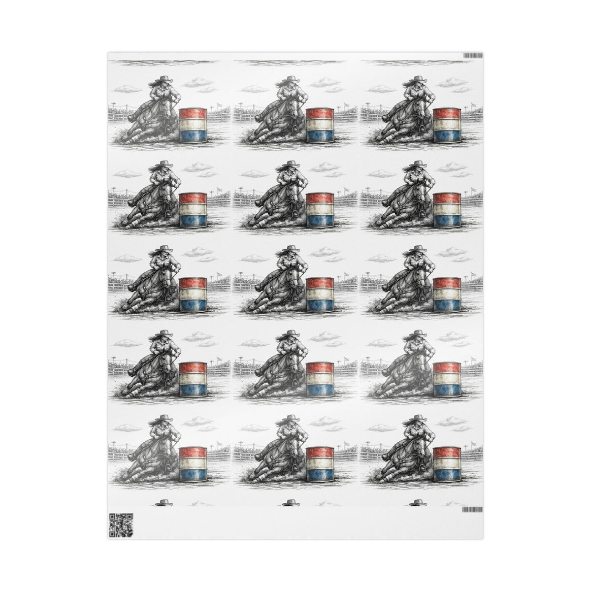 Barrel Racing Wrapping Paper Roll — Black Sketch Rodeo Gift Wrap