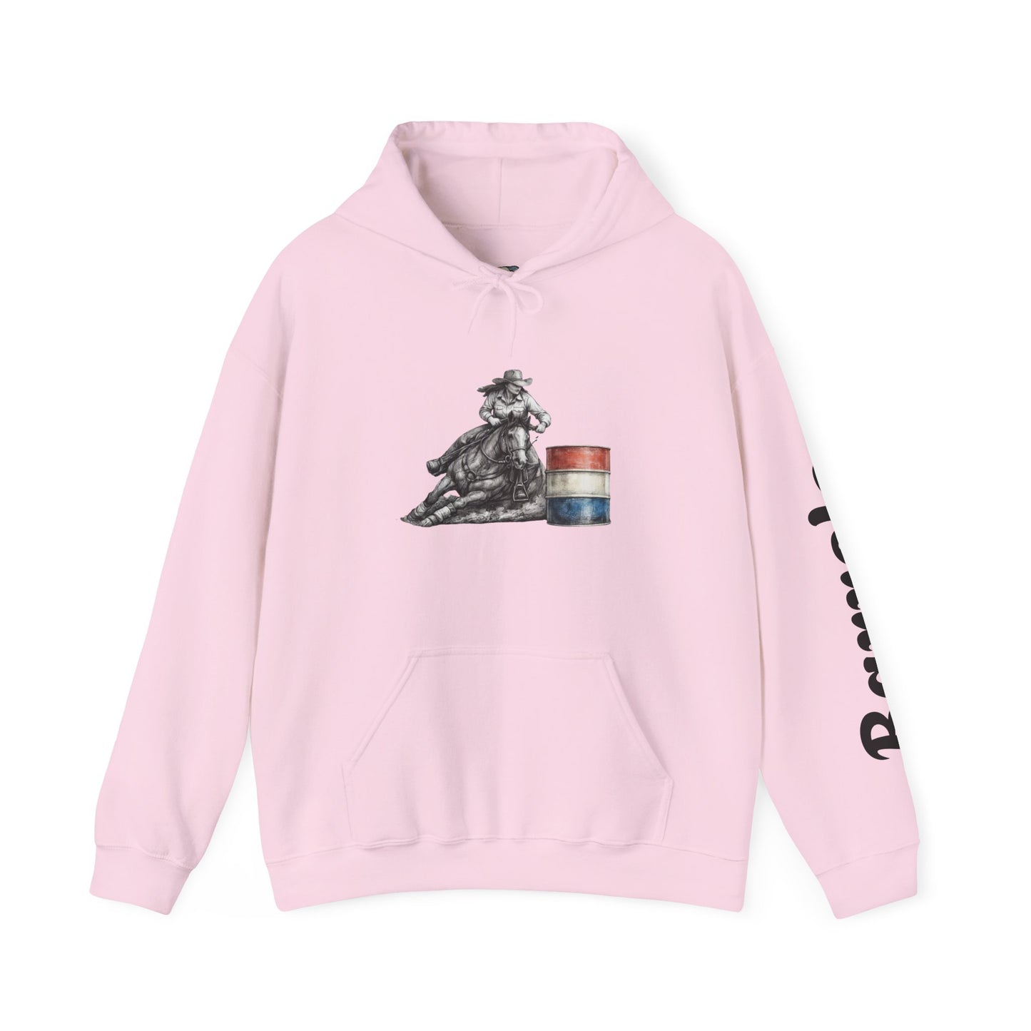 Cowboy Barrel Racing Hoodie — Western Rodeo Pullover with 'barrels' Sleeve Text