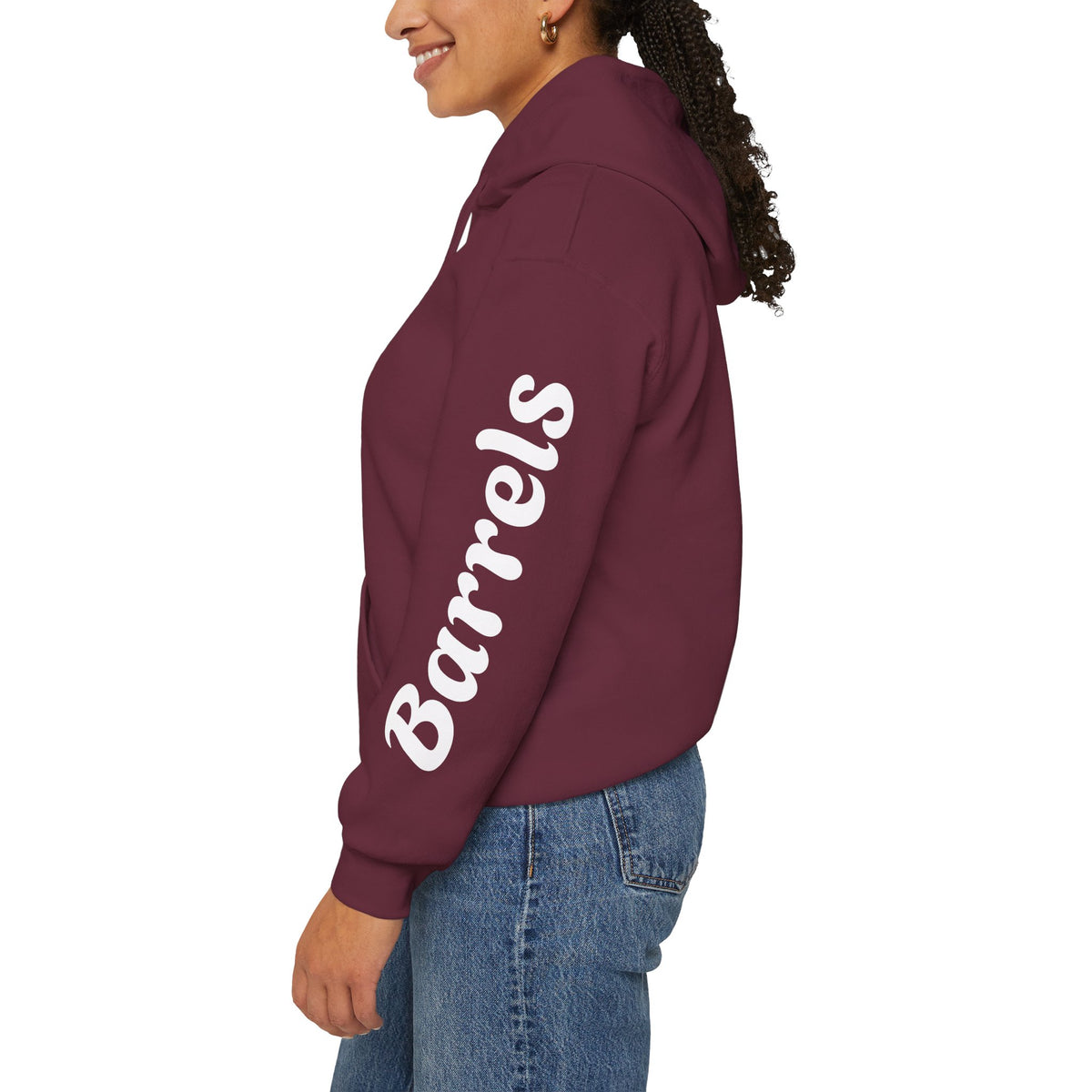 Cowgirl Barrel Racing Hoodie — Western Rodeo Pullover with 'barrels' Sleeve Text