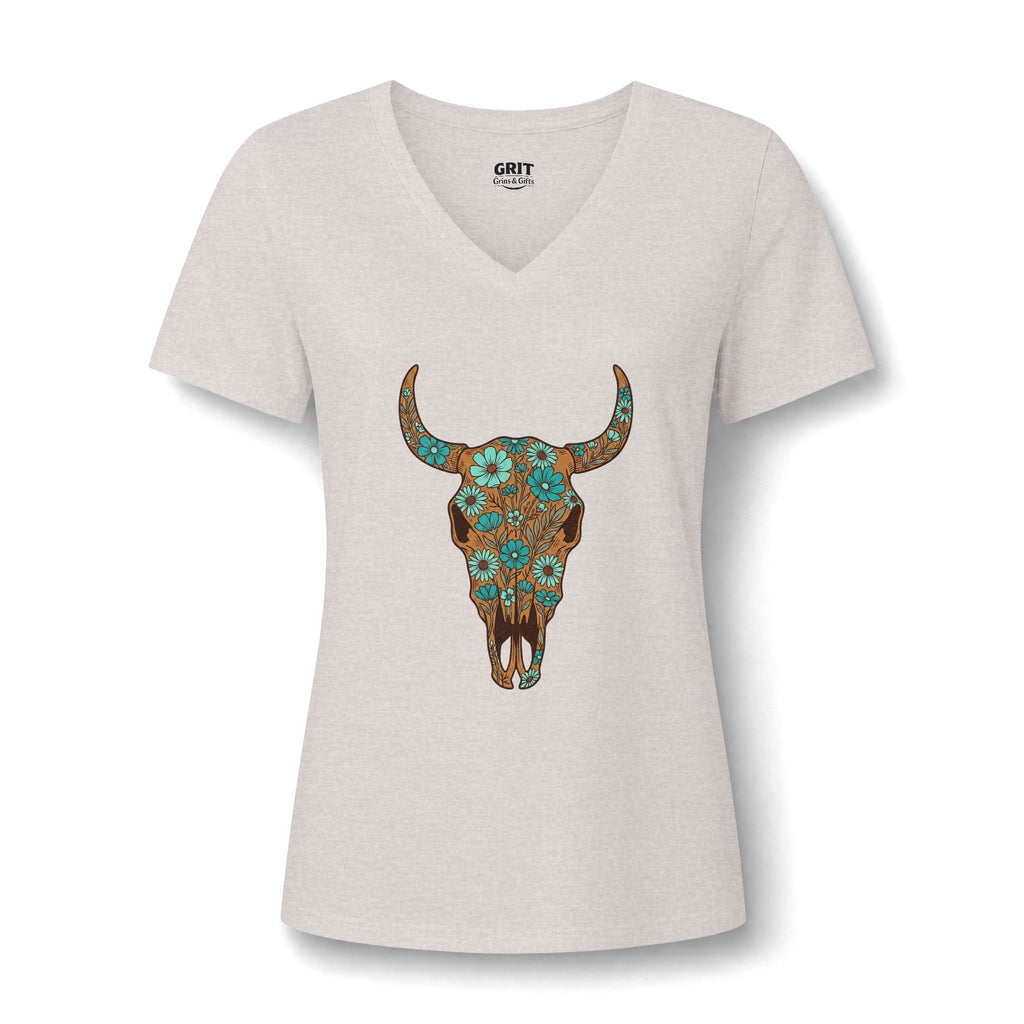 Women's V-Neck Tee — Floral Turquoise Bull Skull Graphic