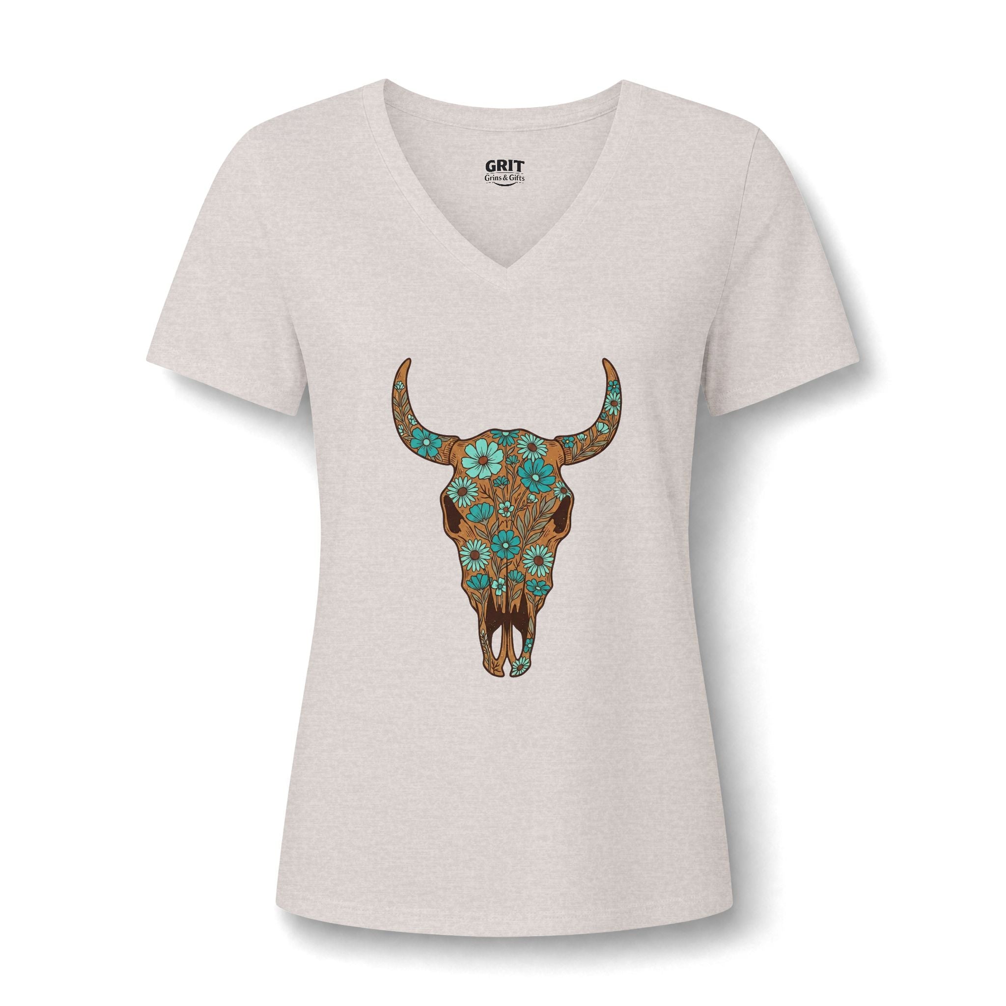 Women's V-Neck Tee — Floral Turquoise Bull Skull Graphic