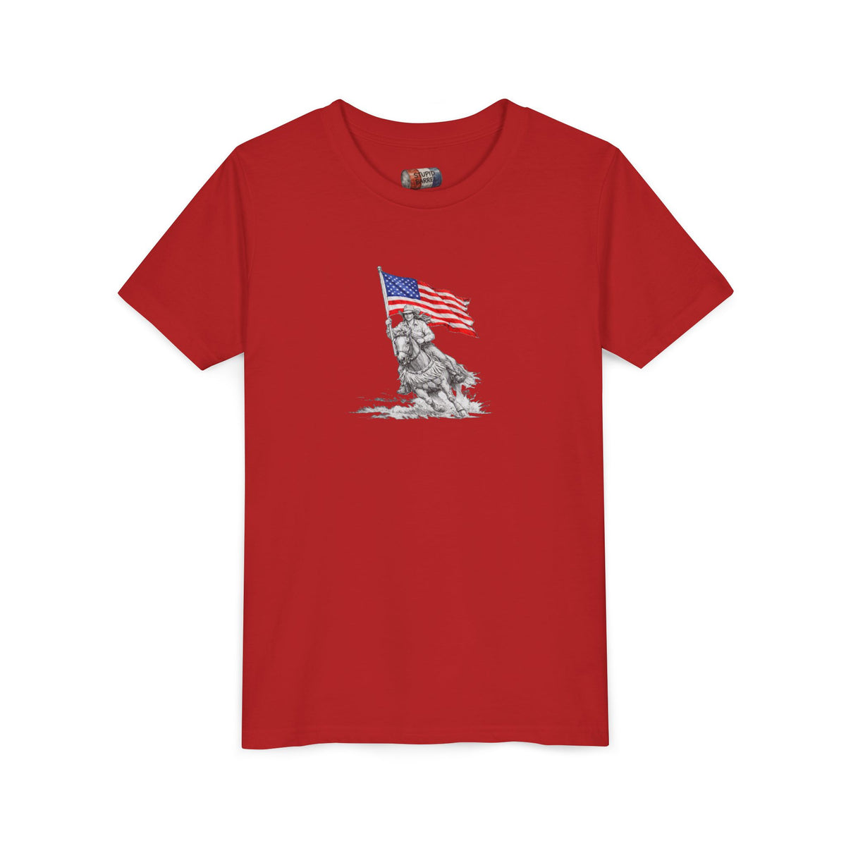 Youth Tee — Rodeo Barrel Racer with Patriotic Barrel Graphic