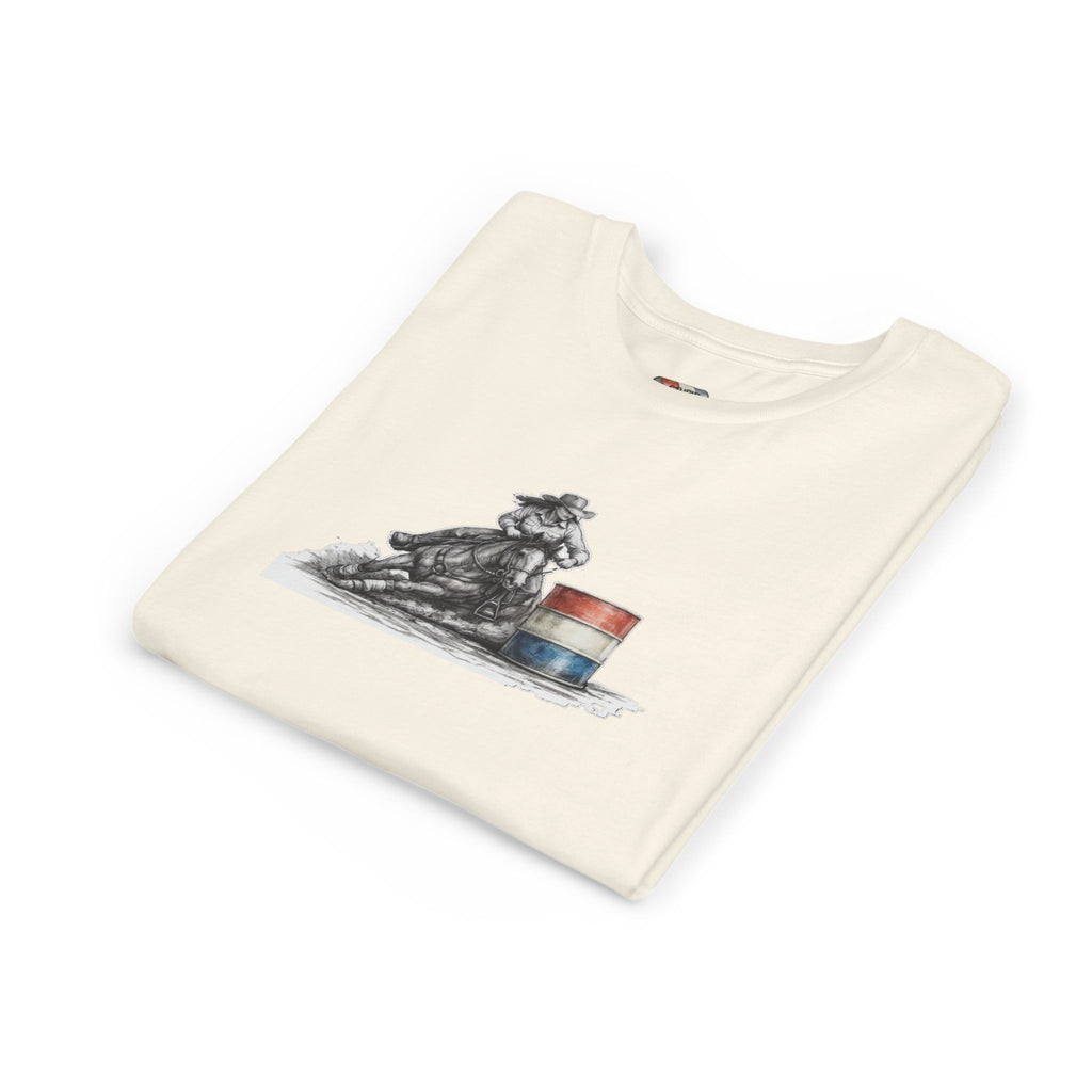 Youth Tee — Rodeo Cowgirl with Patriotic Barrel Graphic