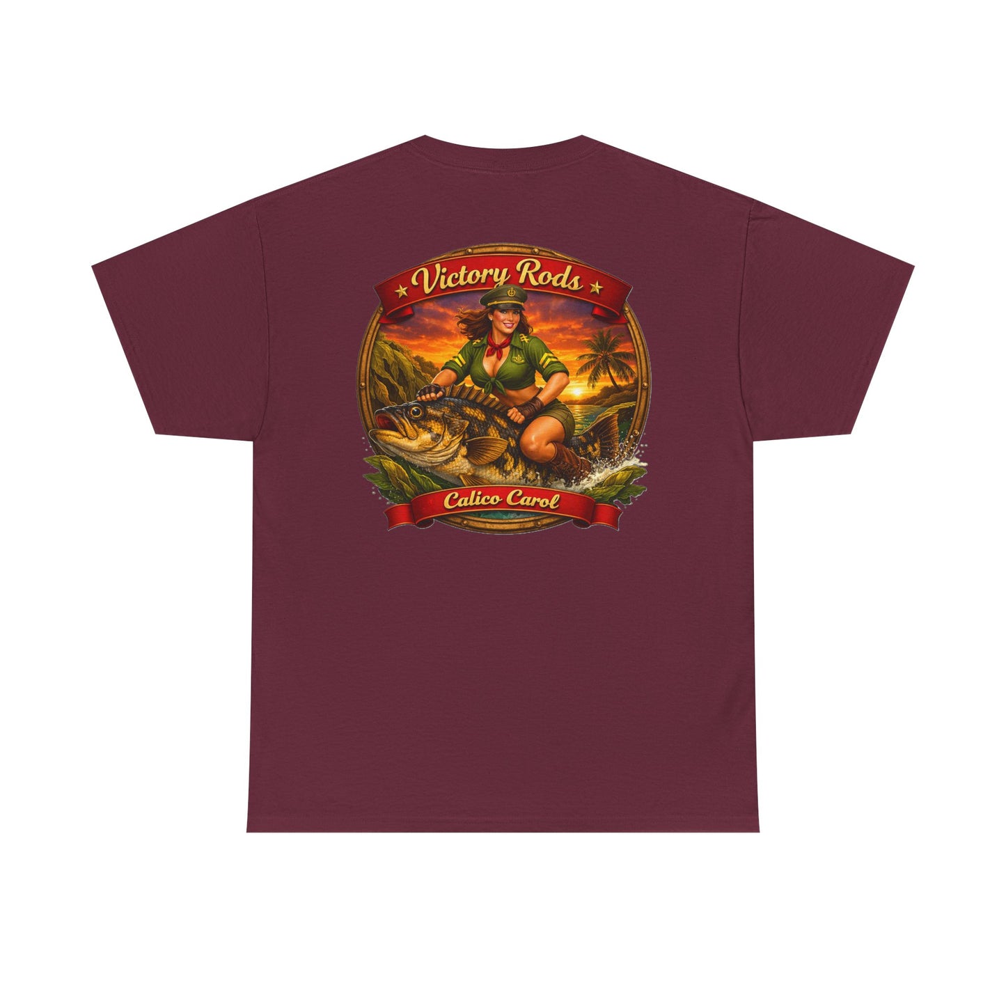 Vintage Pinup Fishing T-Shirt — “Victory Rods” Calico Carol Graphic Tee