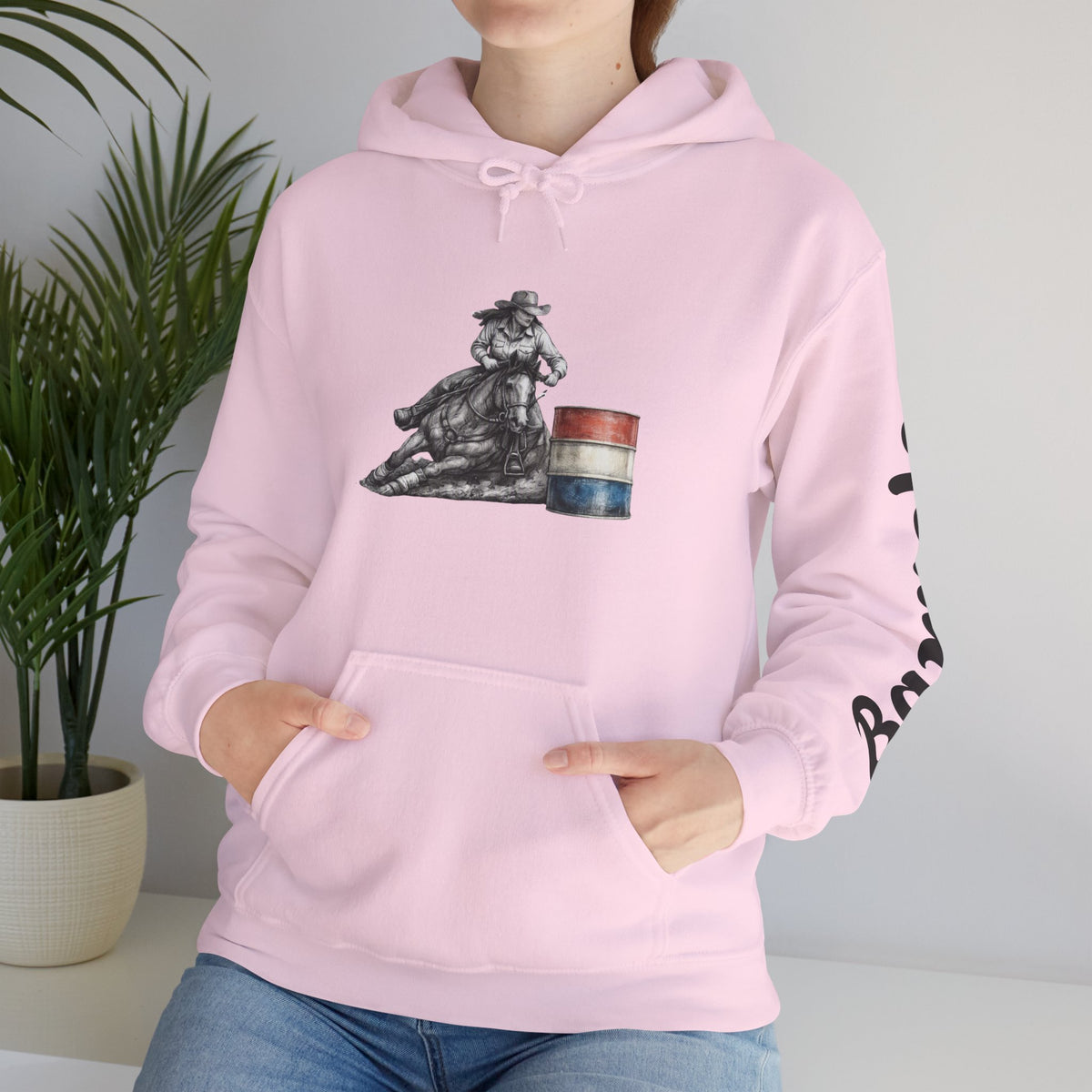Cowgirl Barrel Racing Hoodie — Western Rodeo Pullover with 'barrels' Sleeve Text
