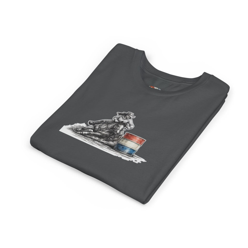 Youth Tee — Rodeo Cowgirl with Patriotic Barrel Graphic