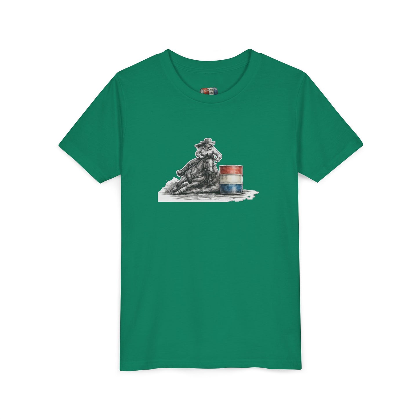 Youth Tee — Rodeo Cowgirl with Patriotic Barrel Graphic