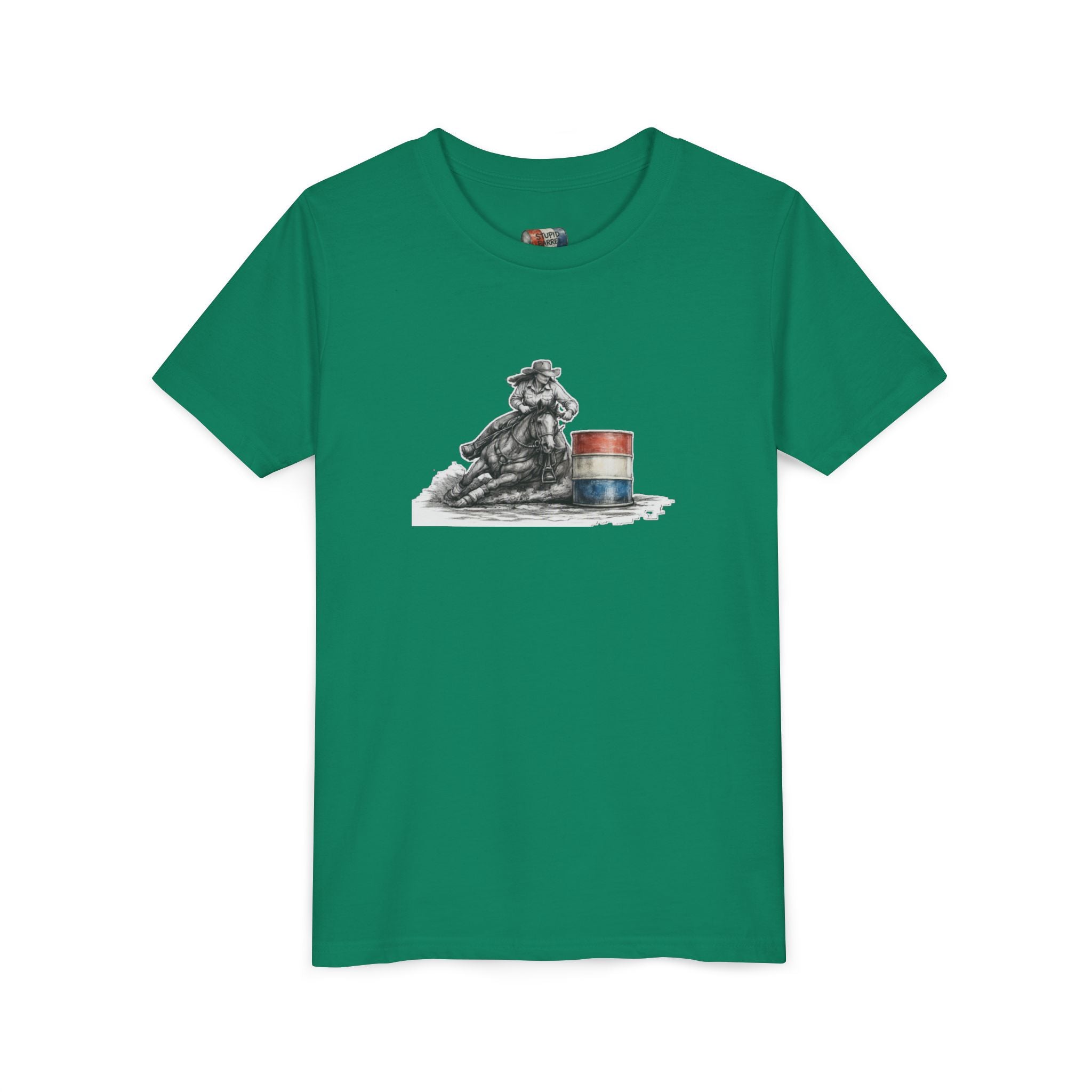 Youth Tee — Rodeo Cowgirl with Patriotic Barrel Graphic
