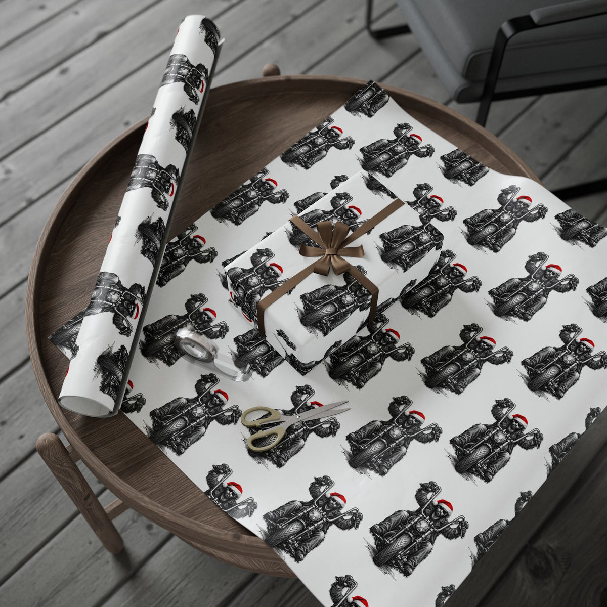 Vintage Santa Biker Pattern Wrapping Paper — Black, Red & White Holiday Gift Wrap
