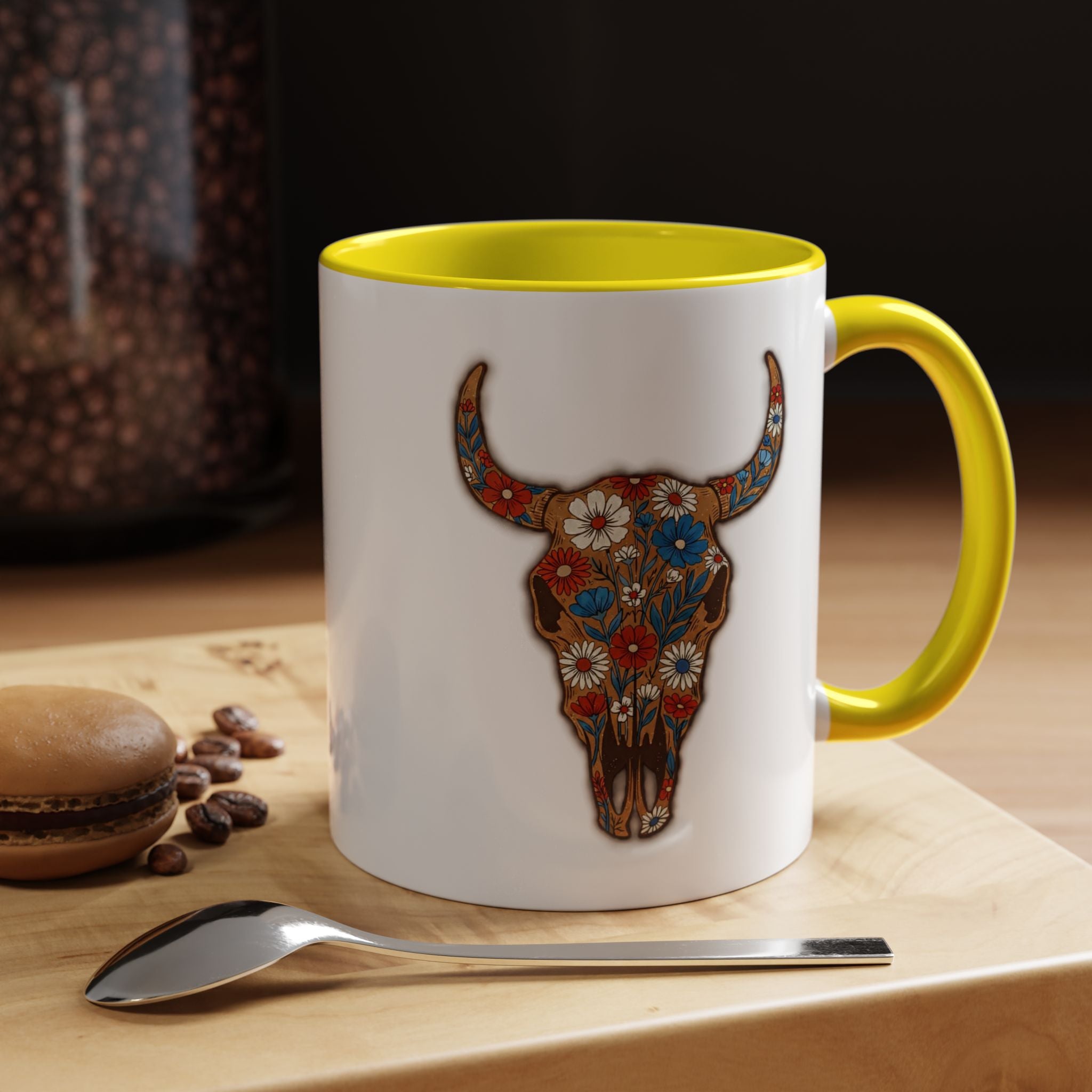 Red, White and Blue Floral Bull Skull Coffee Mug — Southwestern Accent 11/15oz