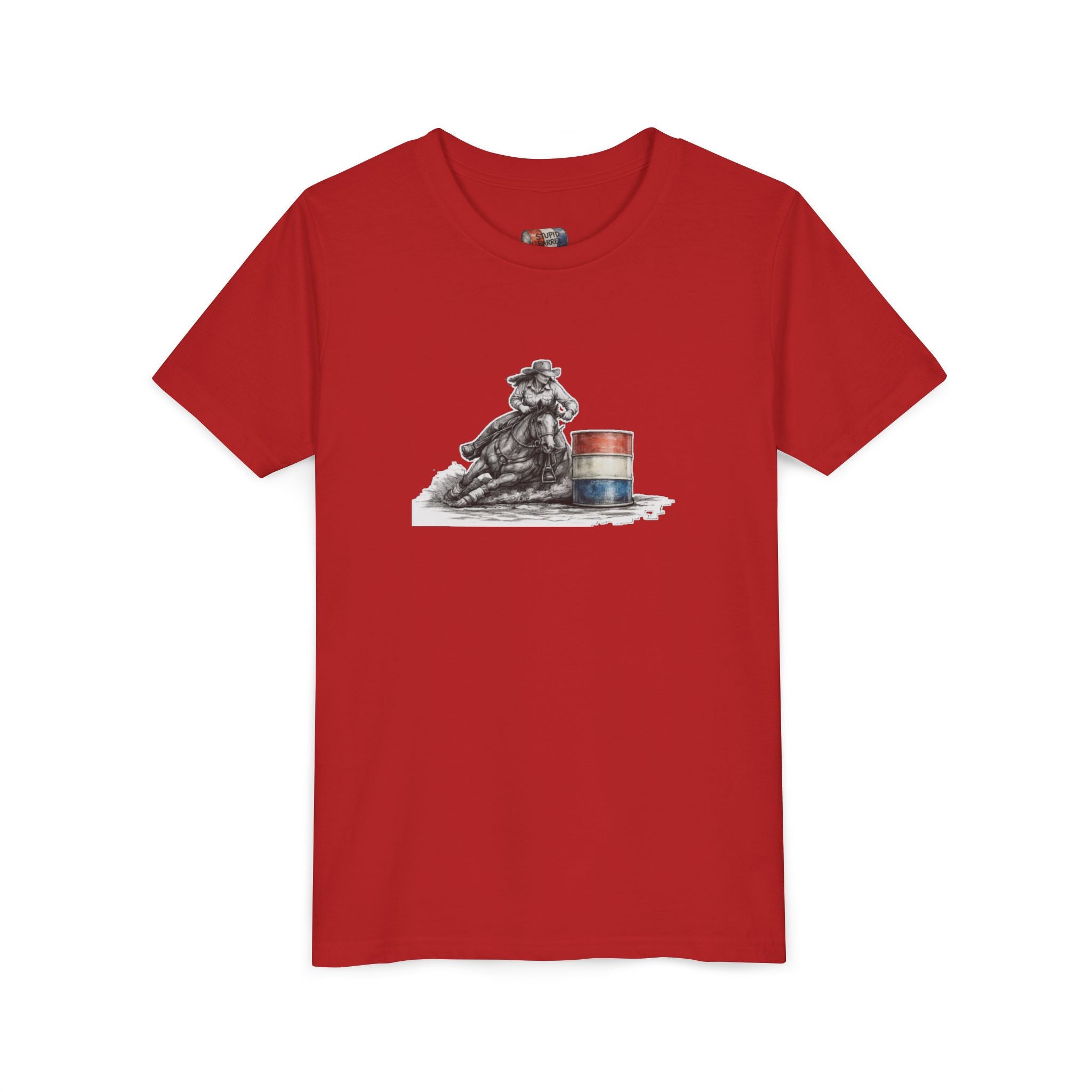 Youth Tee — Rodeo Cowgirl with Patriotic Barrel Graphic