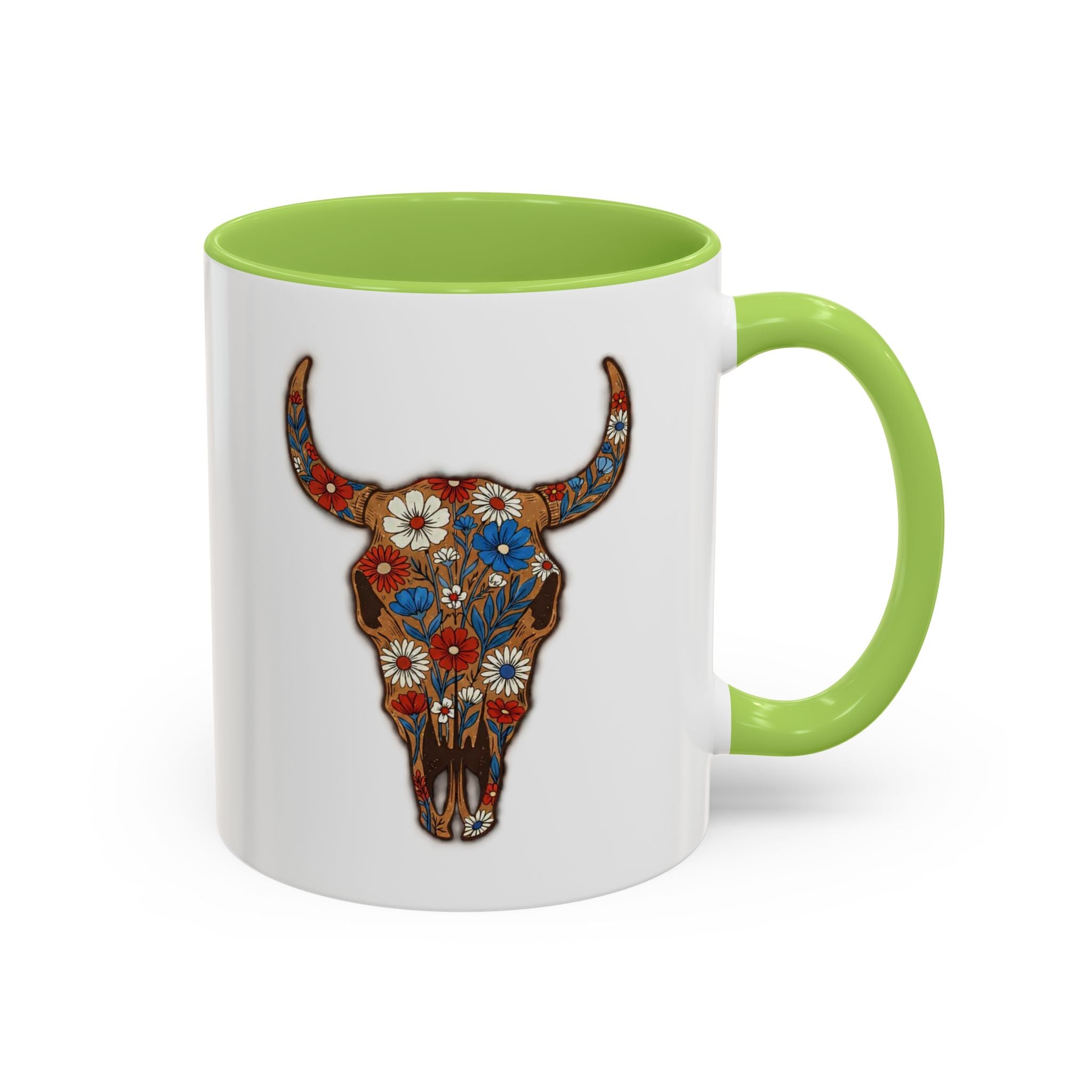 Red, White and Blue Floral Bull Skull Coffee Mug — Southwestern Accent 11/15oz