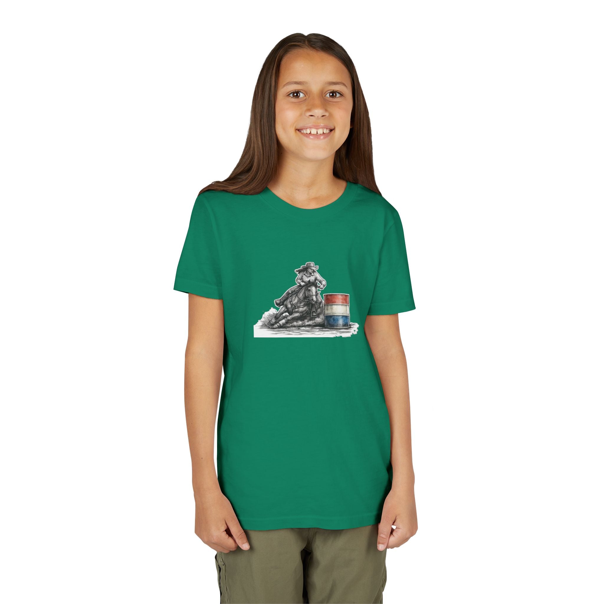 Youth Tee — Rodeo Cowgirl with Patriotic Barrel Graphic