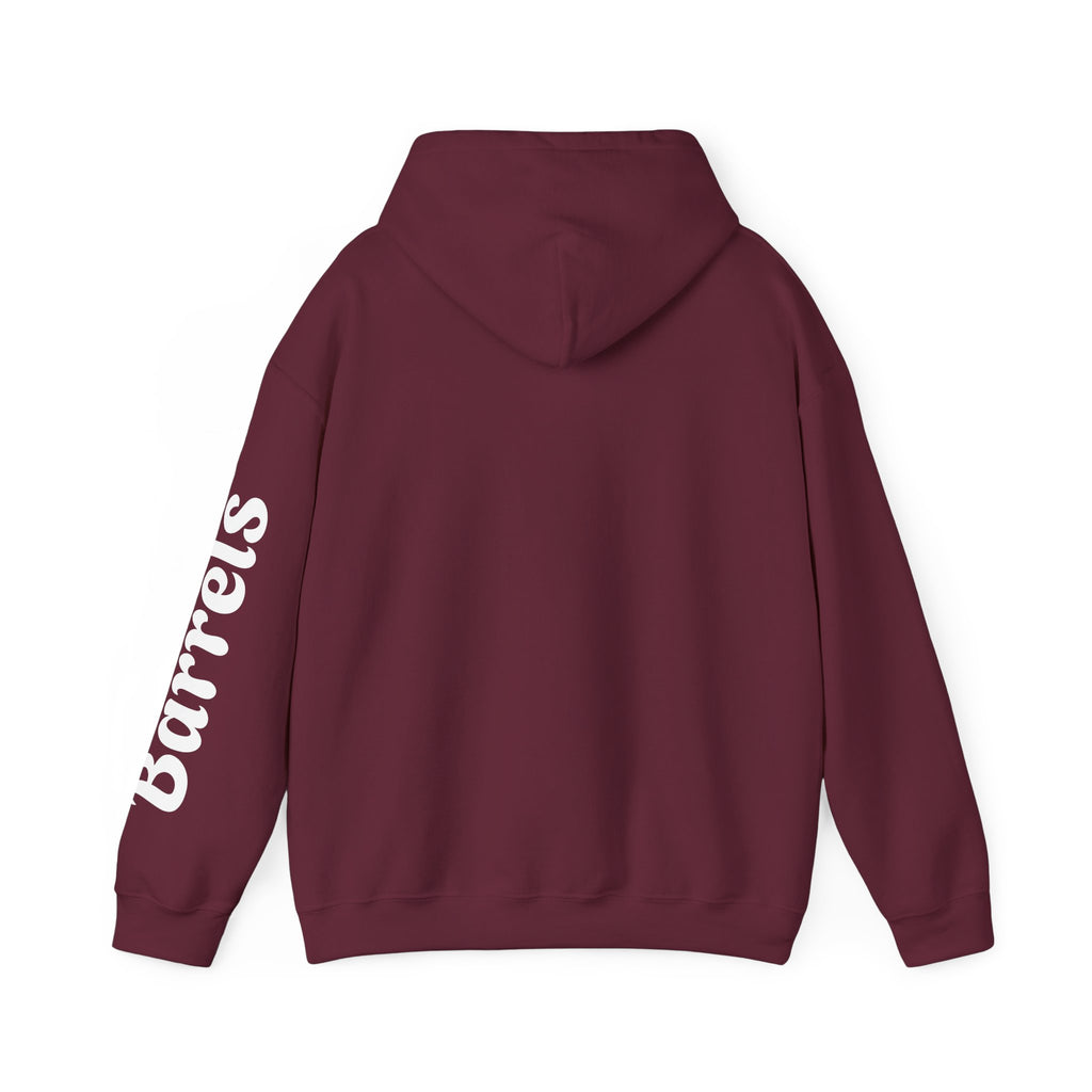 Cowgirl Barrel Racing Hoodie — Western Rodeo Pullover with 'barrels' Sleeve Text