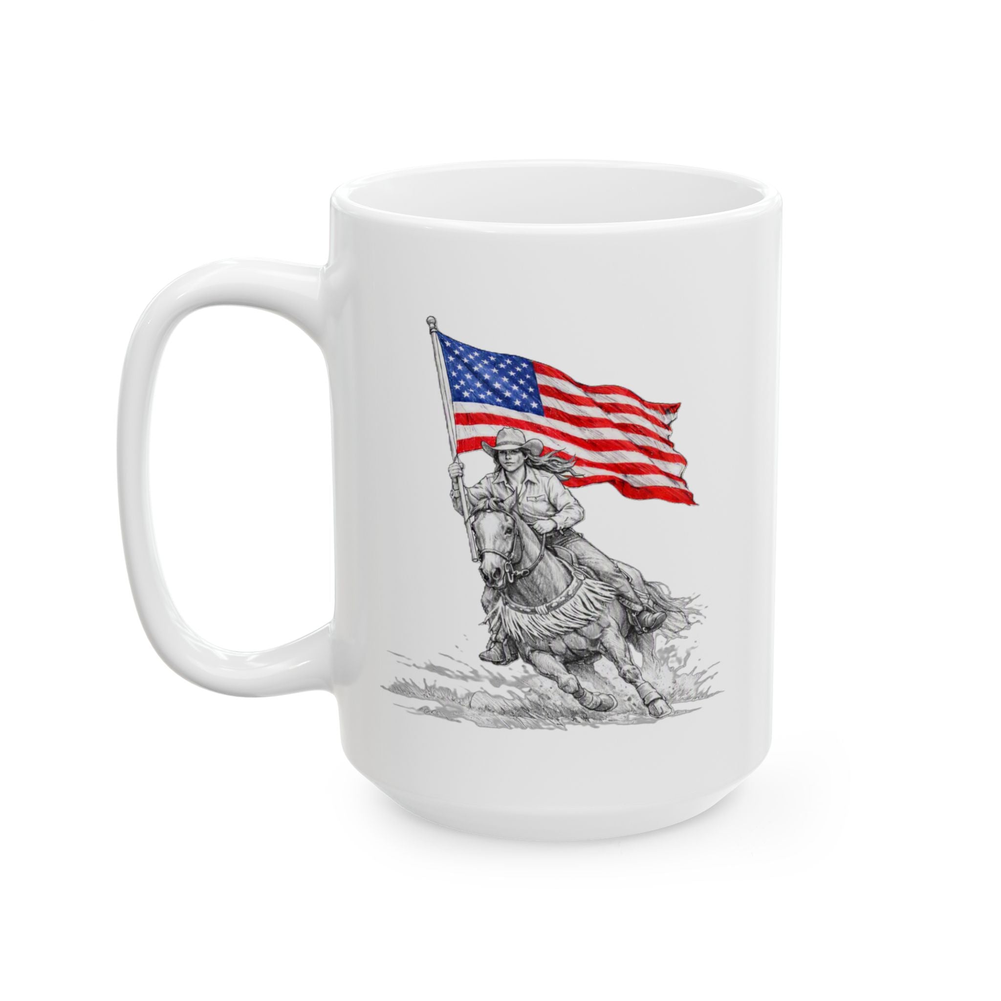 Patriotic Flag & Cowgirl Illustration, 'Freedom' Tribute Coffee Cup (11oz/15oz)
