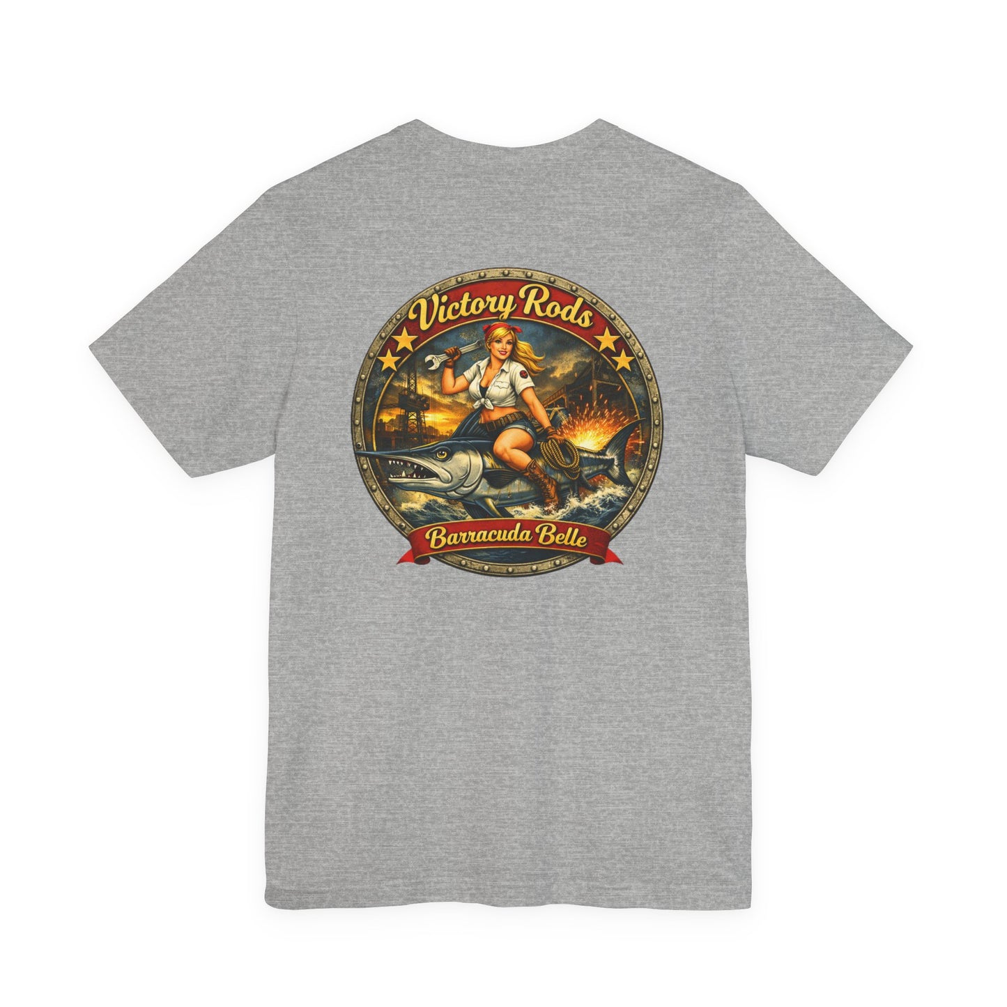 Barracuda Belle Vintage Pinup Tee — Victory Rods Motorcycle T‑Shirt