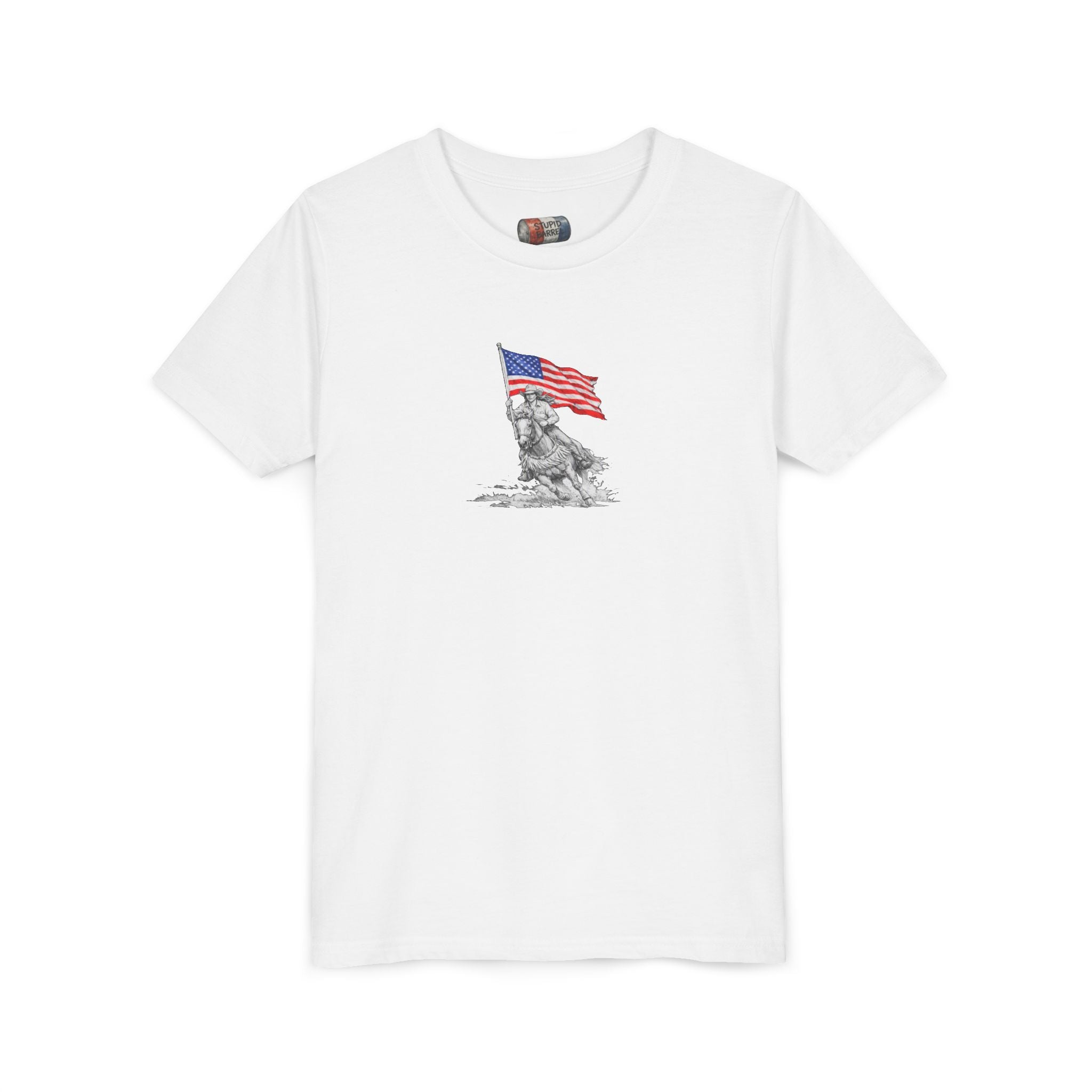 Youth Tee — Rodeo Bull Rider with Patriotic Barrel Graphic