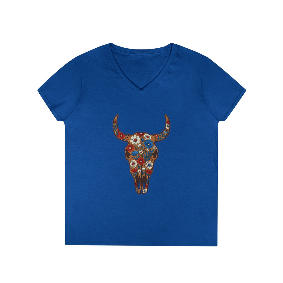 Floral Bull Skull V-Neck Tee