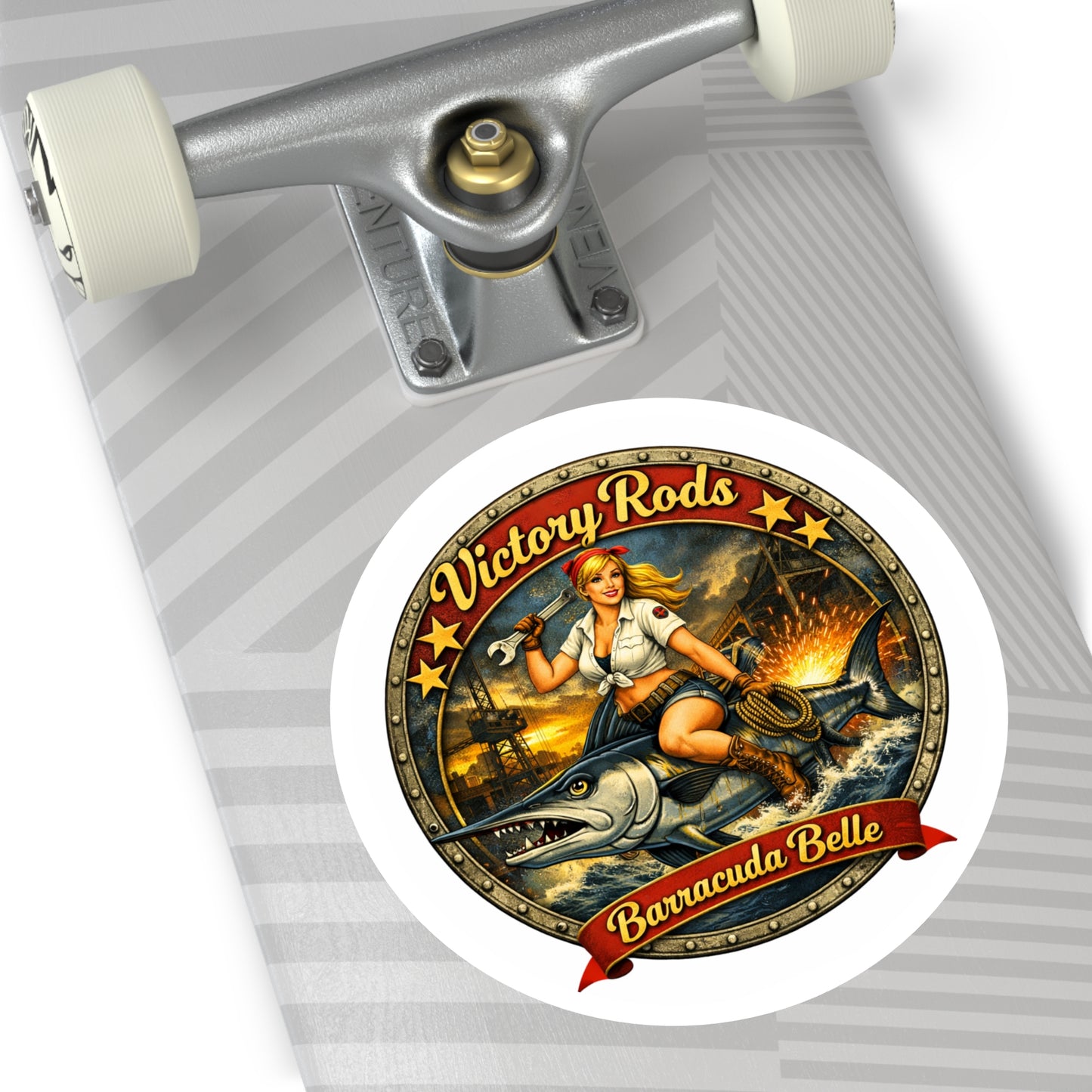Barracuda Belle Round Sticker — Vintage Pin-Up Fishing Logo (Indoor/Outdoor)