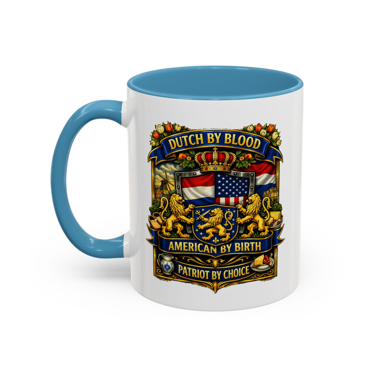 Dutch/American Pride Mug with Vintage Botanical Crest Design