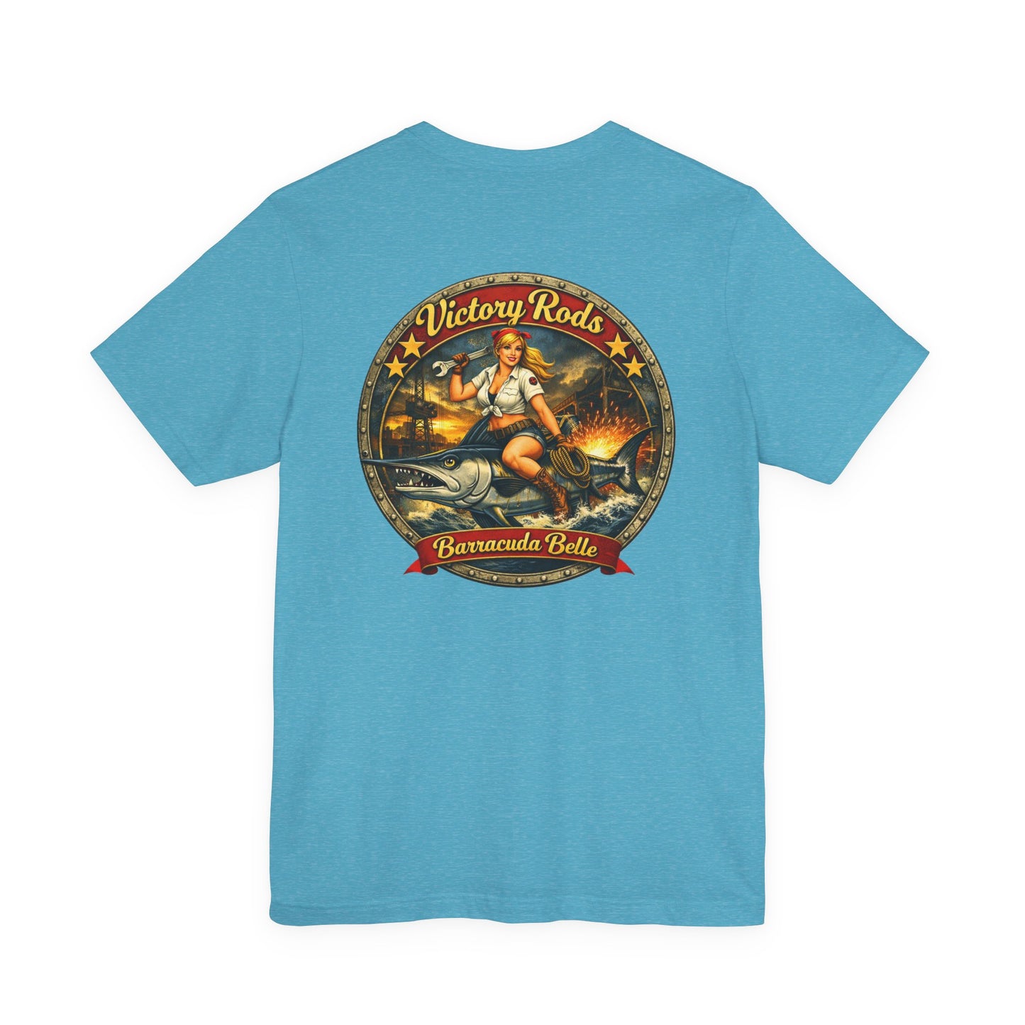 Barracuda Belle Vintage Pinup Tee — Victory Rods Motorcycle T‑Shirt