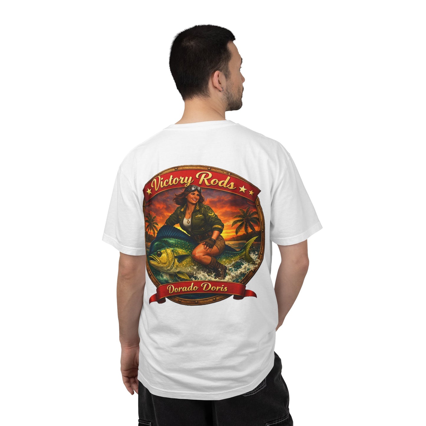 Victory Rods "Dorado Doris" Fishing T-Shirt — Retro Pinup Angler Tee