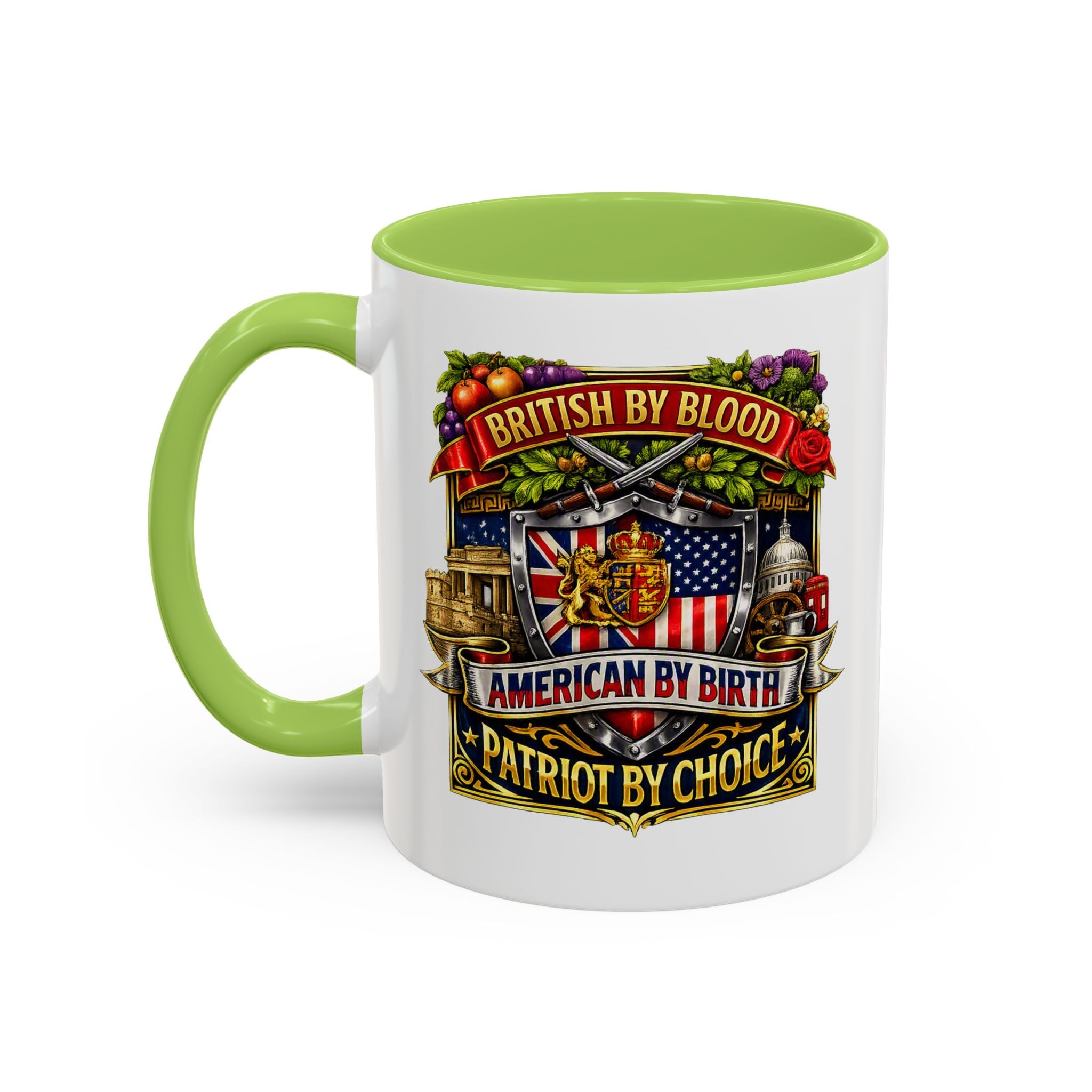 British Pride Coffee Mug — "British by Blood, American by Birth, Patriot by Choice" Patriotic Ceramic Mug