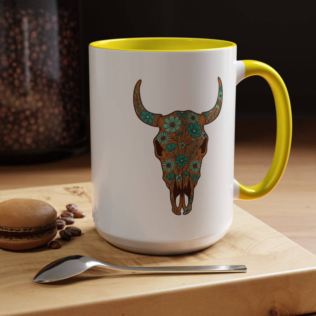 Red, White and Blue Floral Bull Skull Coffee Mug — Southwestern Accent 11/15oz