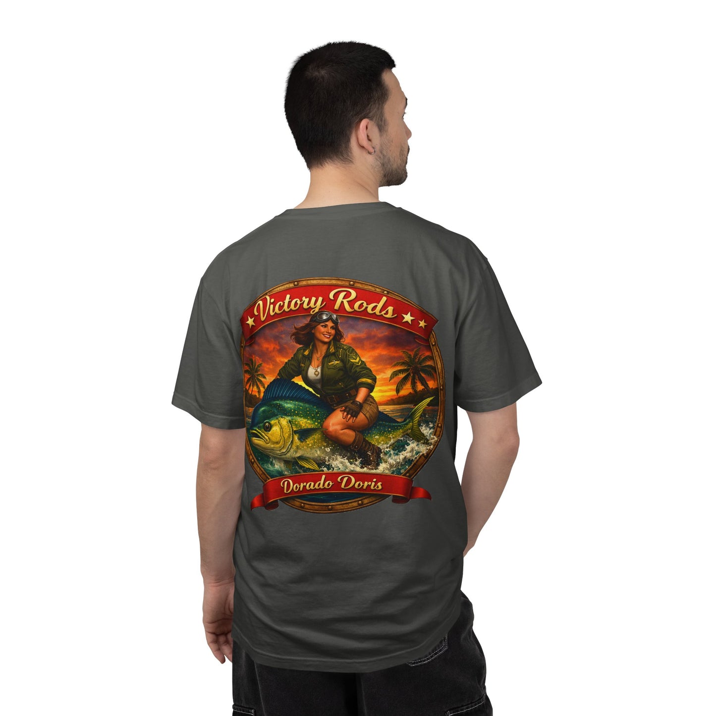 Victory Rods "Dorado Doris" Fishing T-Shirt — Retro Pinup Angler Tee