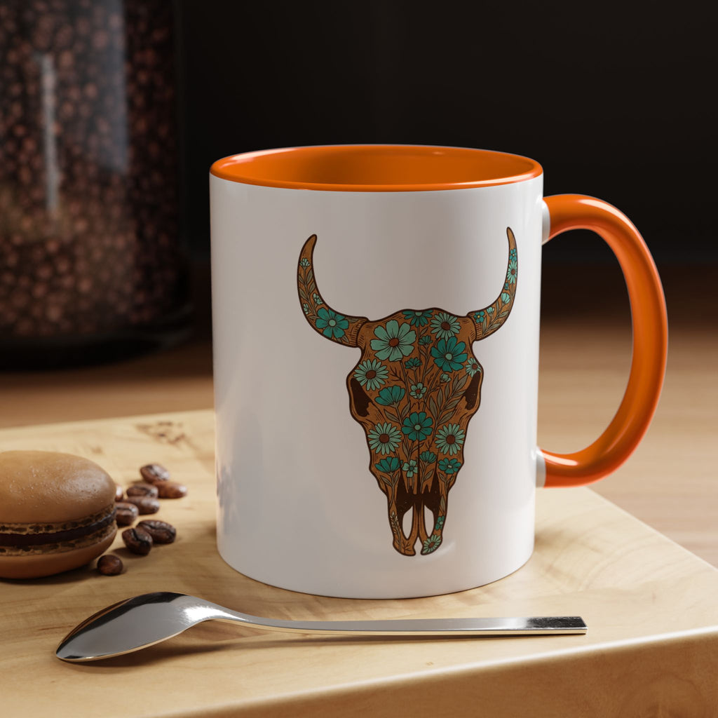 Turquoise Floral Bull Skull Coffee Mug — Southwestern Accent 11/15oz