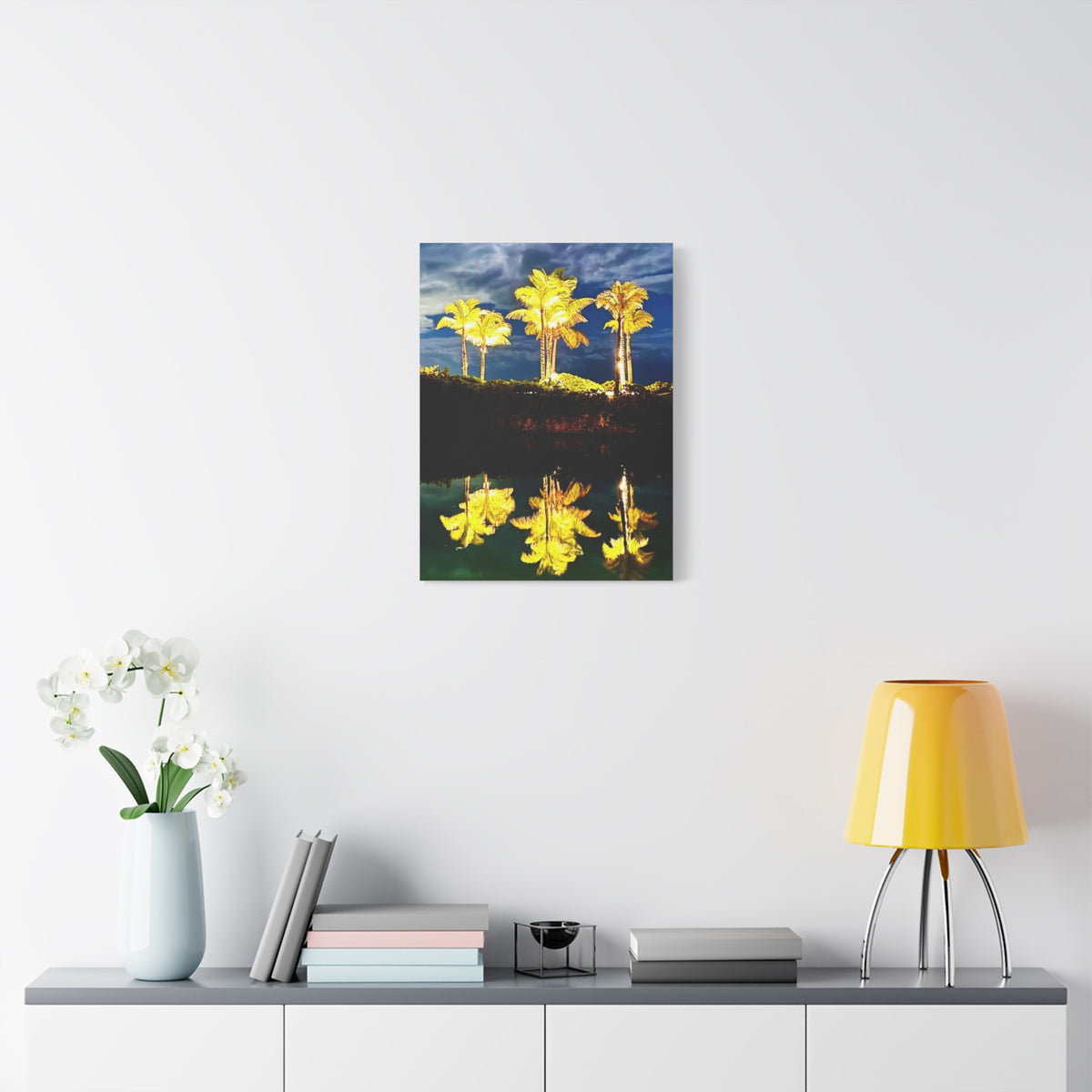 Palm Tree Reflection Matte Canvas Wall Art — Quanta Roo, Tropical Evening