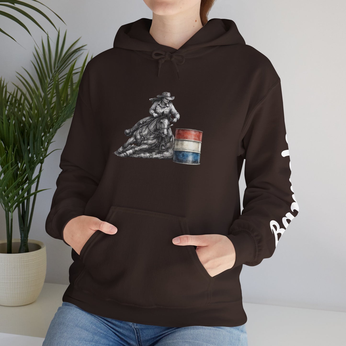 Cowboy Barrel Racing Hoodie — Western Rodeo Pullover with 'barrels' Sleeve Text
