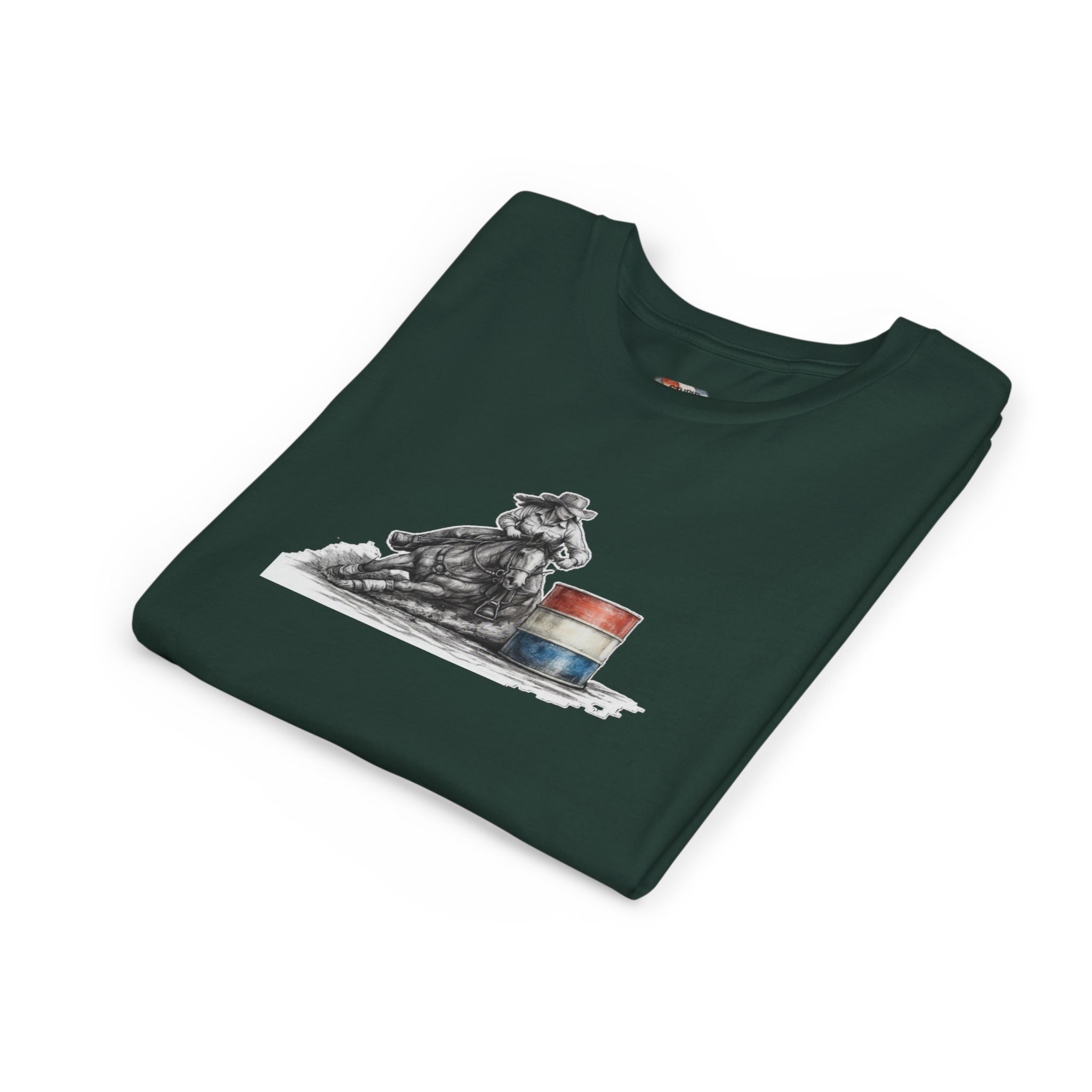 Youth Tee — Rodeo Cowgirl with Patriotic Barrel Graphic