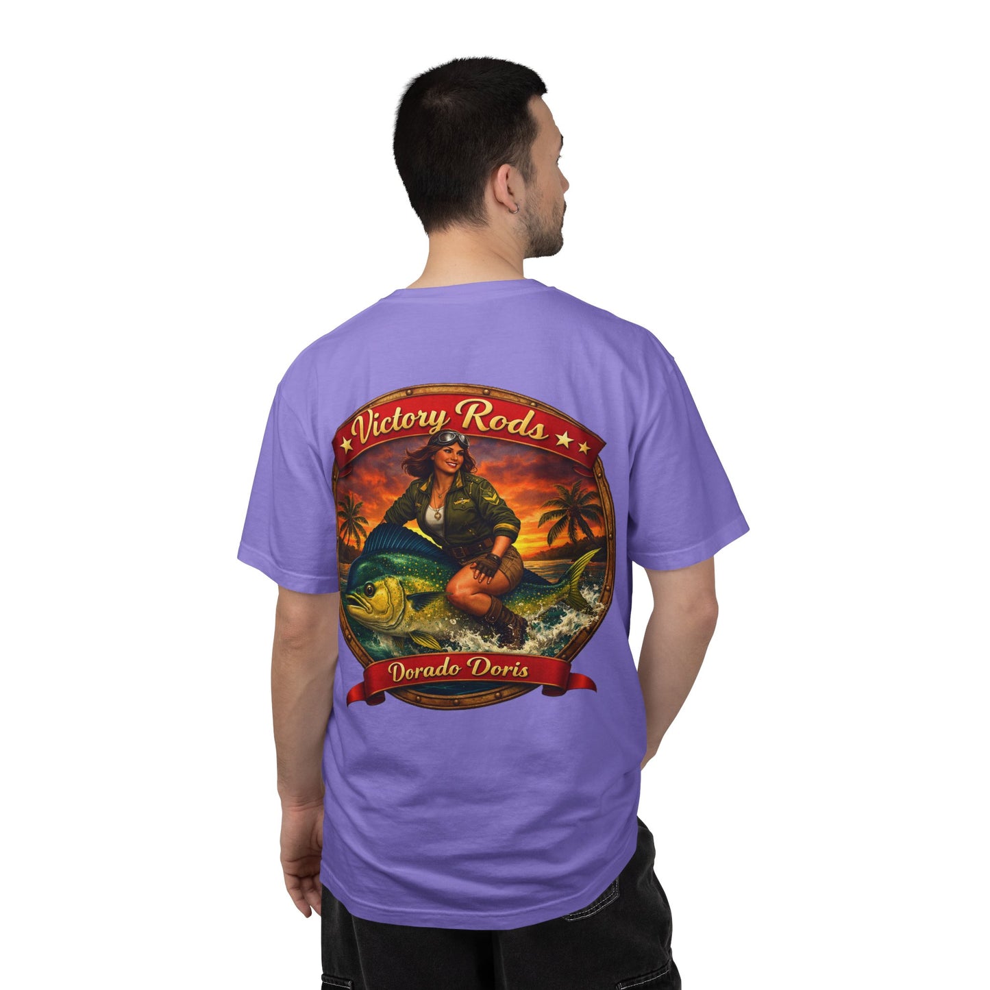 Victory Rods "Dorado Doris" Fishing T-Shirt — Retro Pinup Angler Tee