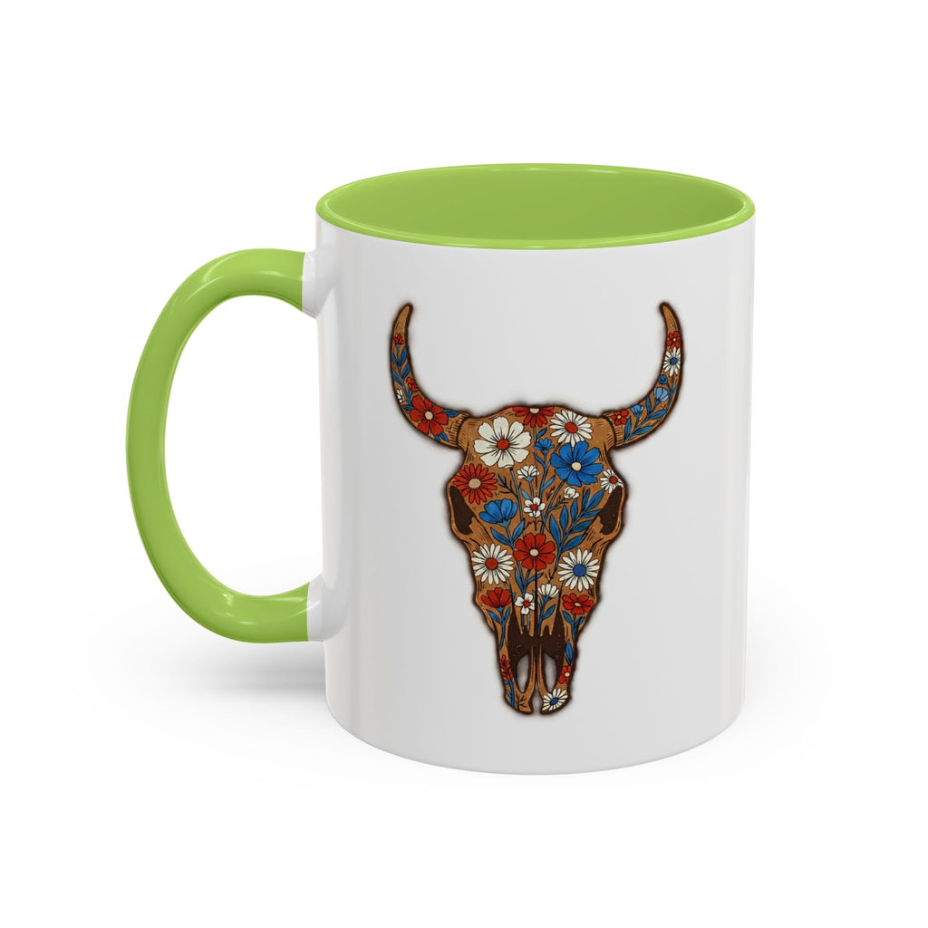 Red, White and Blue Floral Bull Skull Coffee Mug — Southwestern Accent 11/15oz