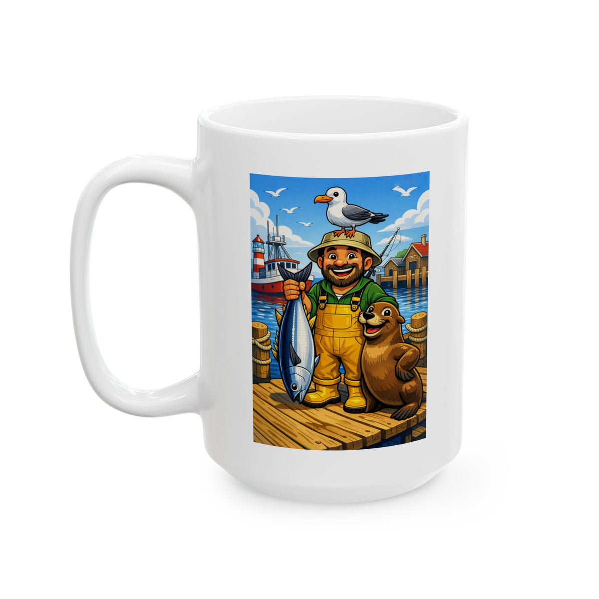 Seaside Harbor Ceramic Mug – "A Day in the Life on the Waterfront" with Cute Seagull Art (11oz/15oz)