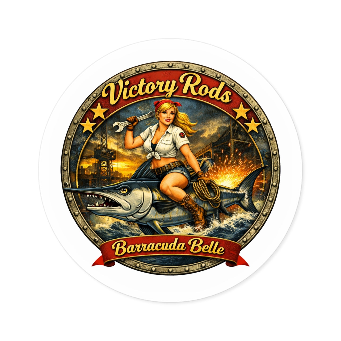 Barracuda Belle Round Sticker — Vintage Pin-Up Fishing Logo (Indoor/Outdoor)