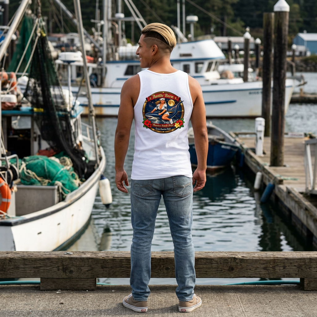 Kona Rods Vintage Pinup Beach Tank Top — 'Thresher Shark Anne' Retro WWII Nose Art
