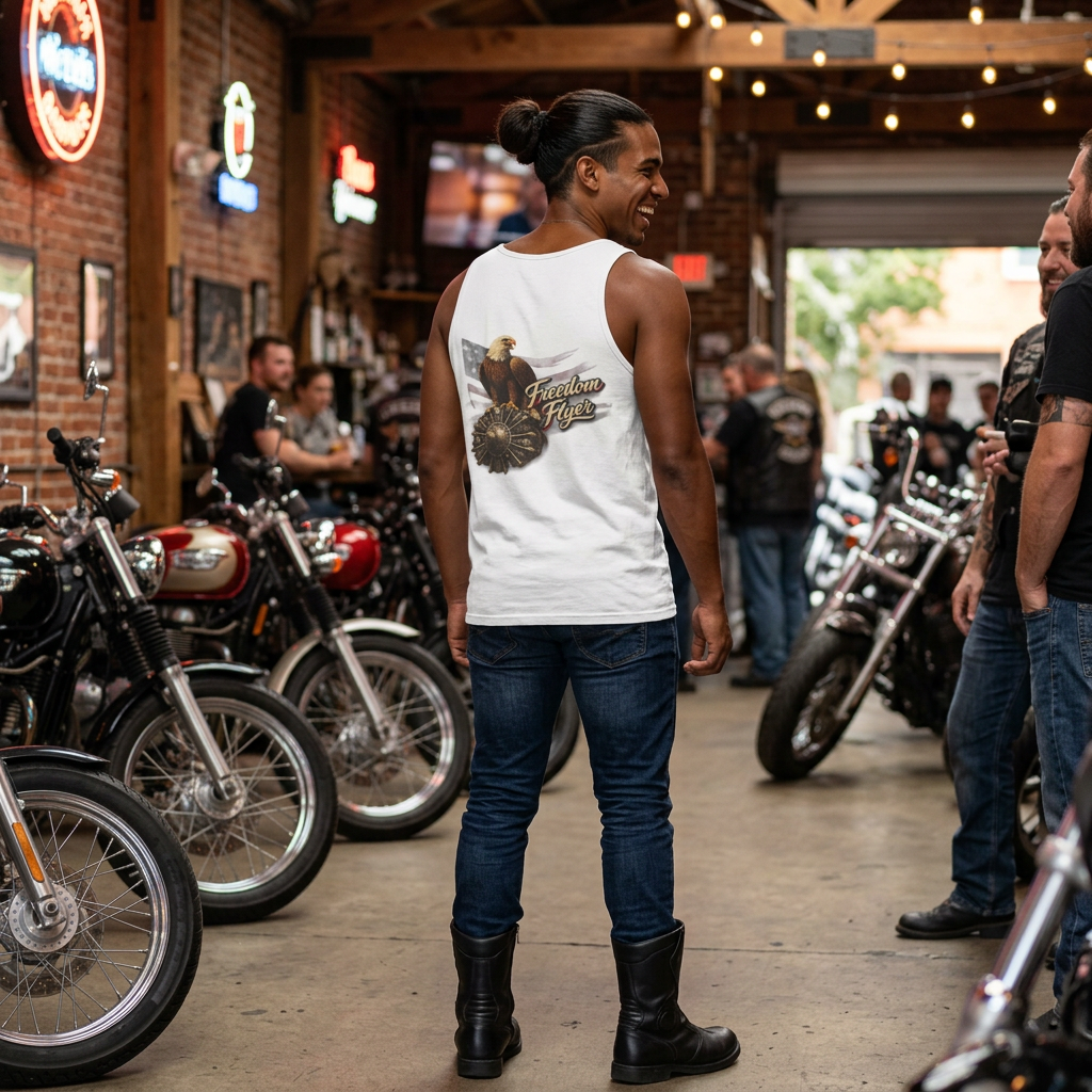 Freedom Flyer Tank Top — Eagle, Motorcycle & P-51 Plane Patriotic Graphic Tank