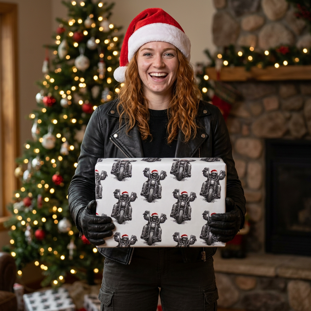 Vintage Santa Biker Pattern Wrapping Paper — Black, Red & White Holiday Gift Wrap