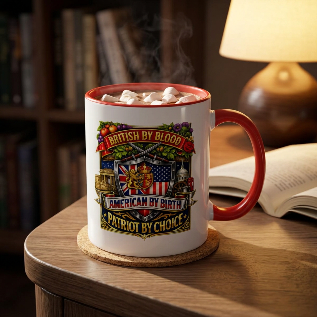 British Pride Coffee Mug — "British by Blood, American by Birth, Patriot by Choice" Patriotic Ceramic Mug