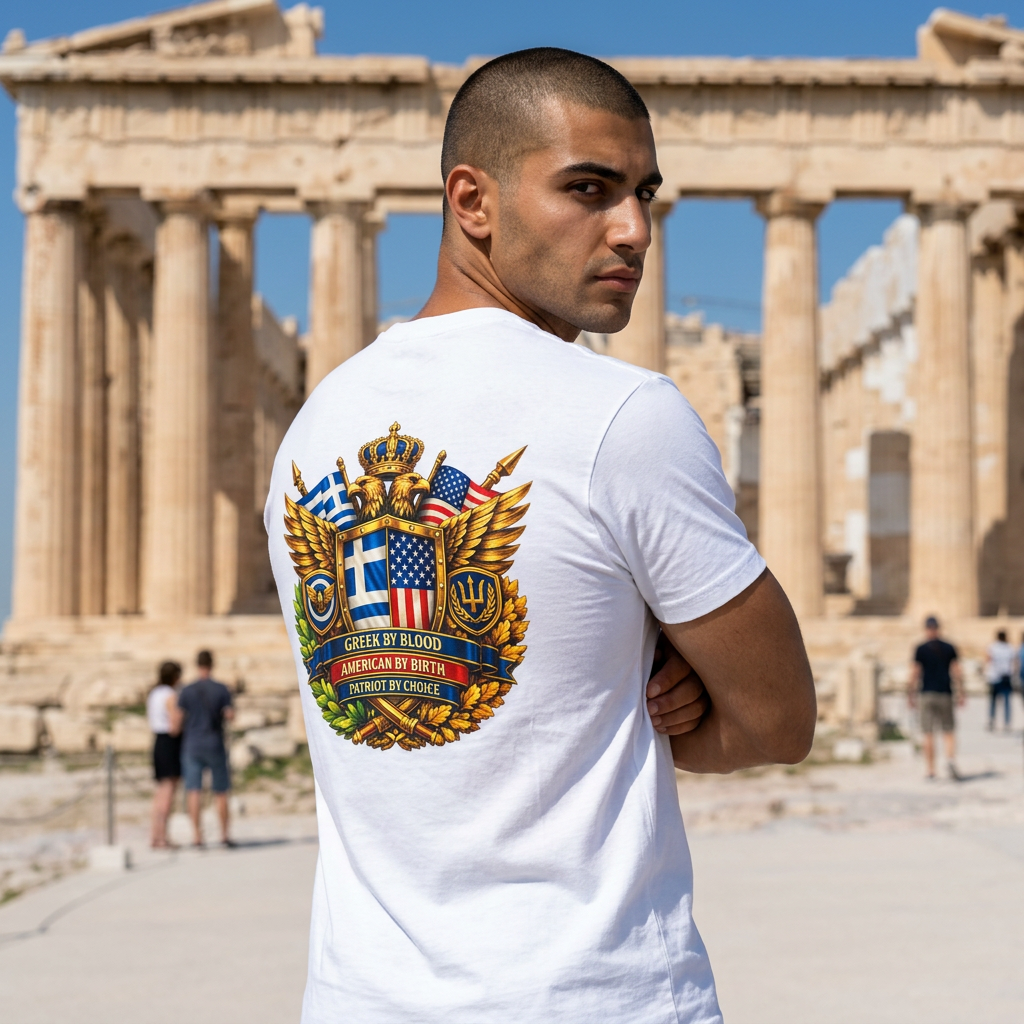 Greek American Heritage T-Shirt — Eagle Crest with Flags & "One Nation" Emblem