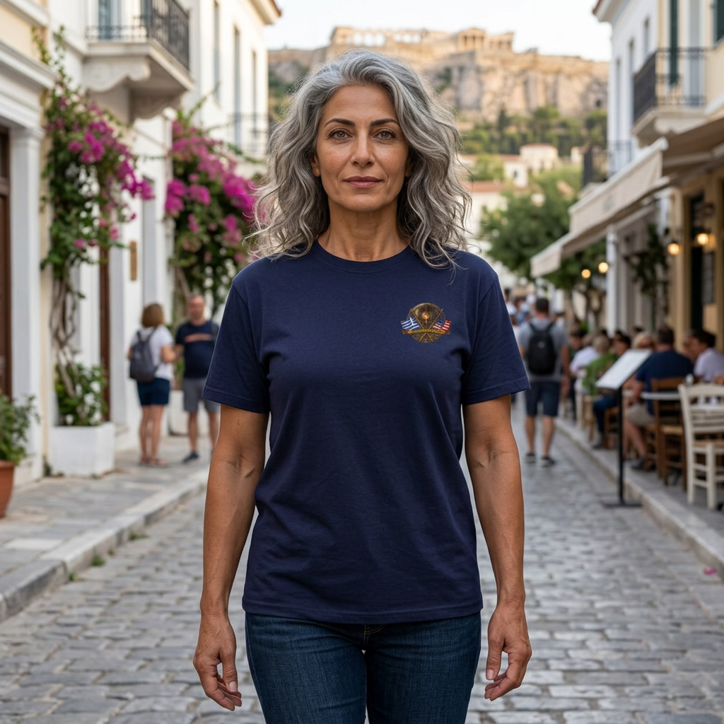 Greek American Heritage T-Shirt — Eagle Crest with Flags & "One Nation" Emblem