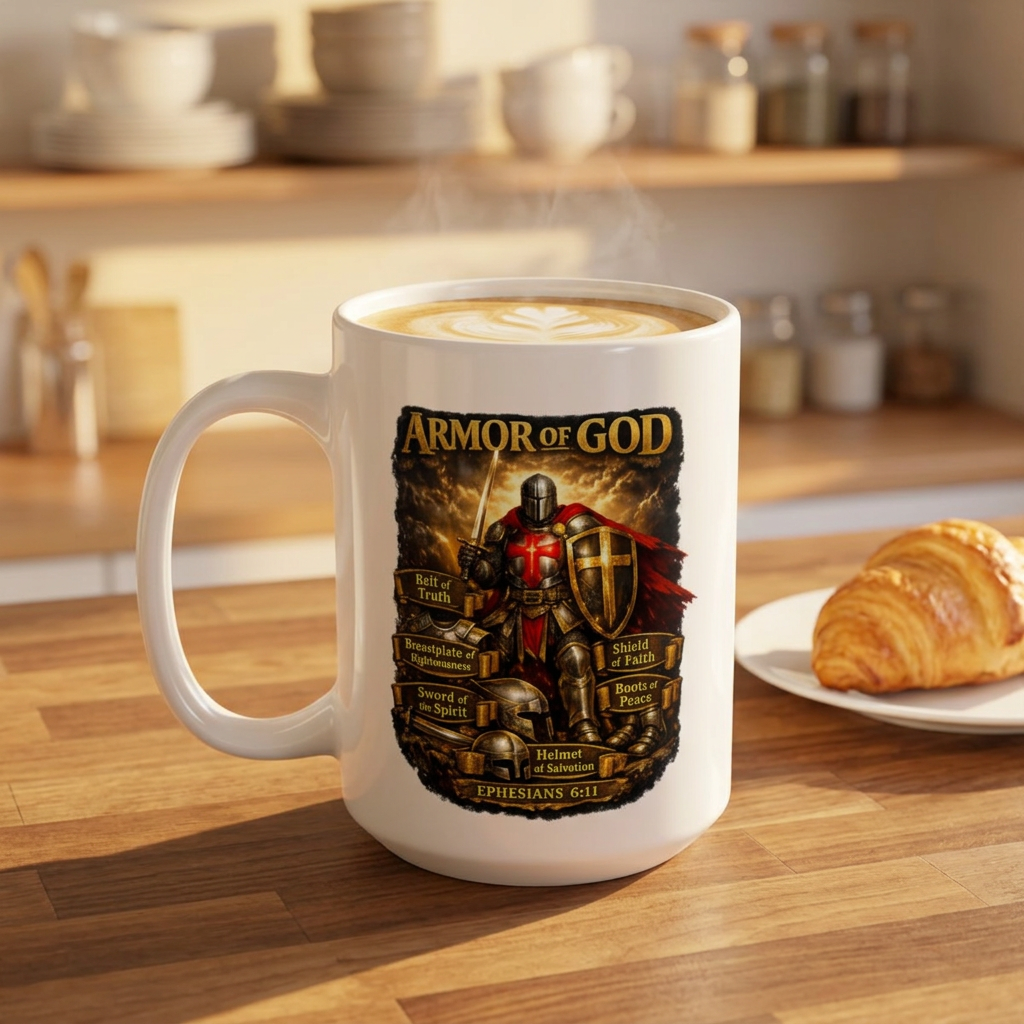 Christian inspirational Ceramic Mug – "Armor of God" Coffee Cup (15oz)