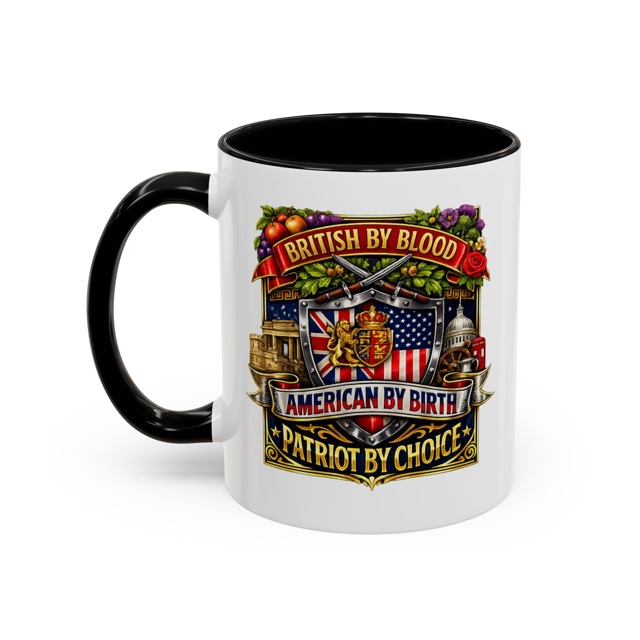 British Pride Coffee Mug — "British by Blood, American by Birth, Patriot by Choice" Patriotic Ceramic Mug