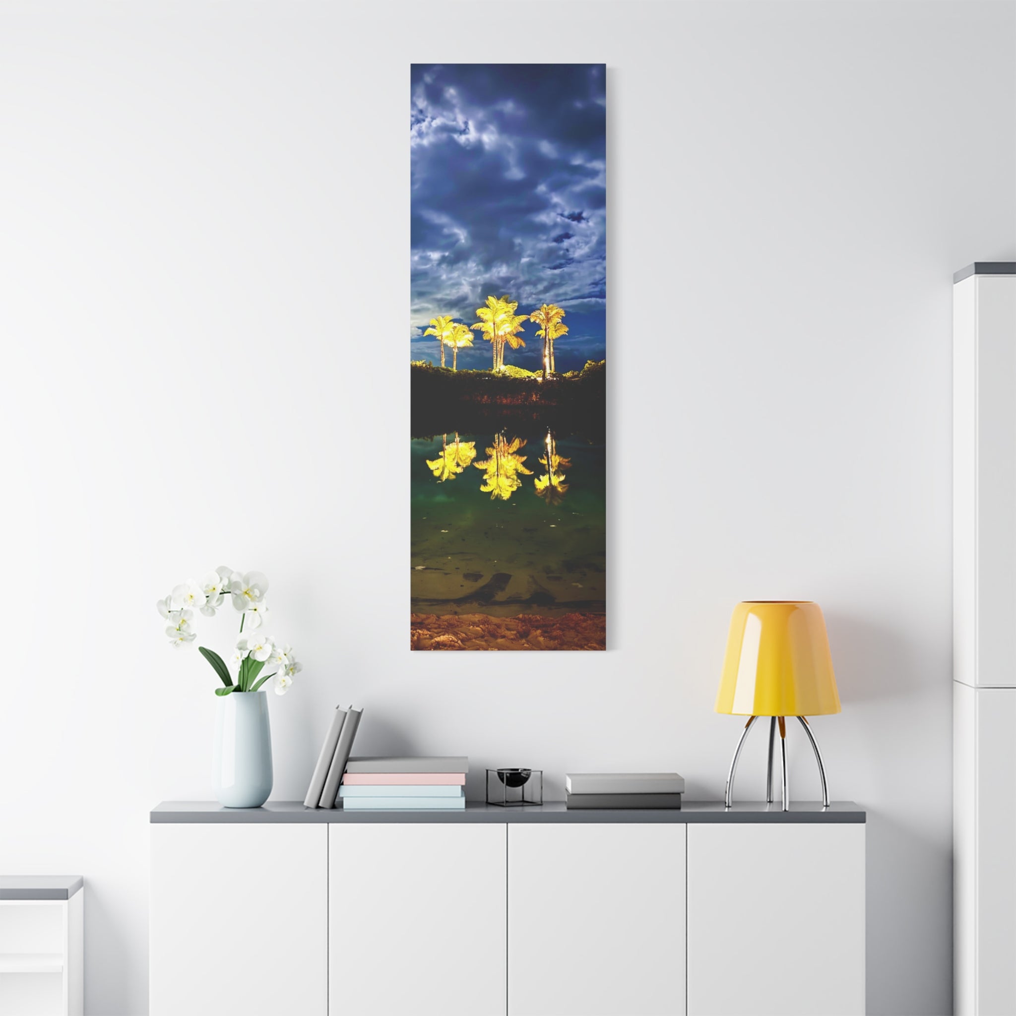 Palm Tree Reflection Matte Canvas Wall Art — Quanta Roo, Tropical Evening