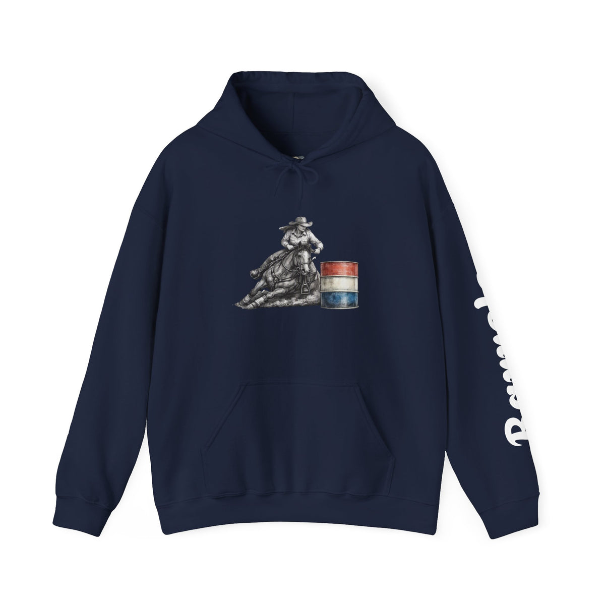 Cowgirl Barrel Racing Hoodie — Western Rodeo Pullover with 'barrels' Sleeve Text
