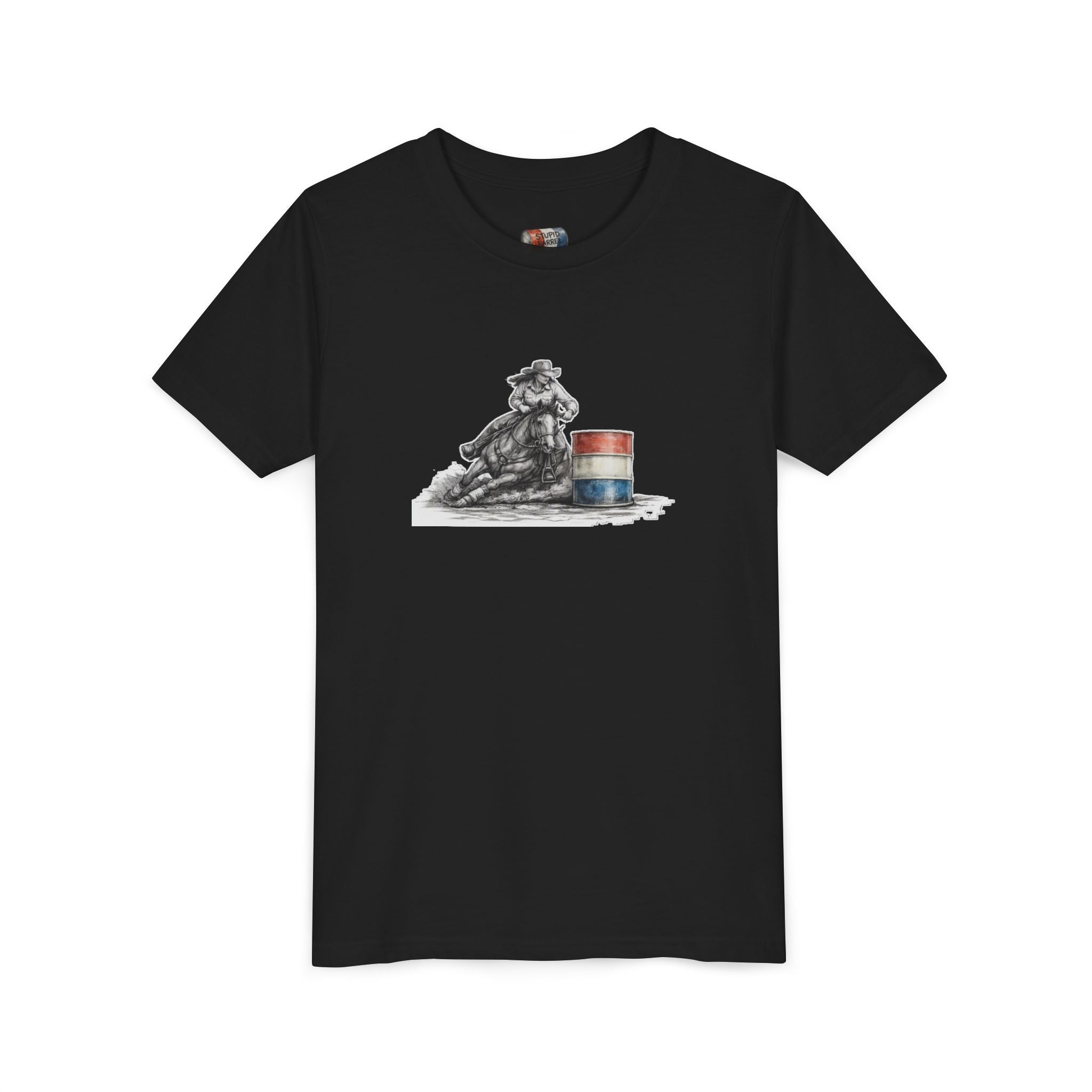 Youth Tee — Rodeo Cowgirl with Patriotic Barrel Graphic