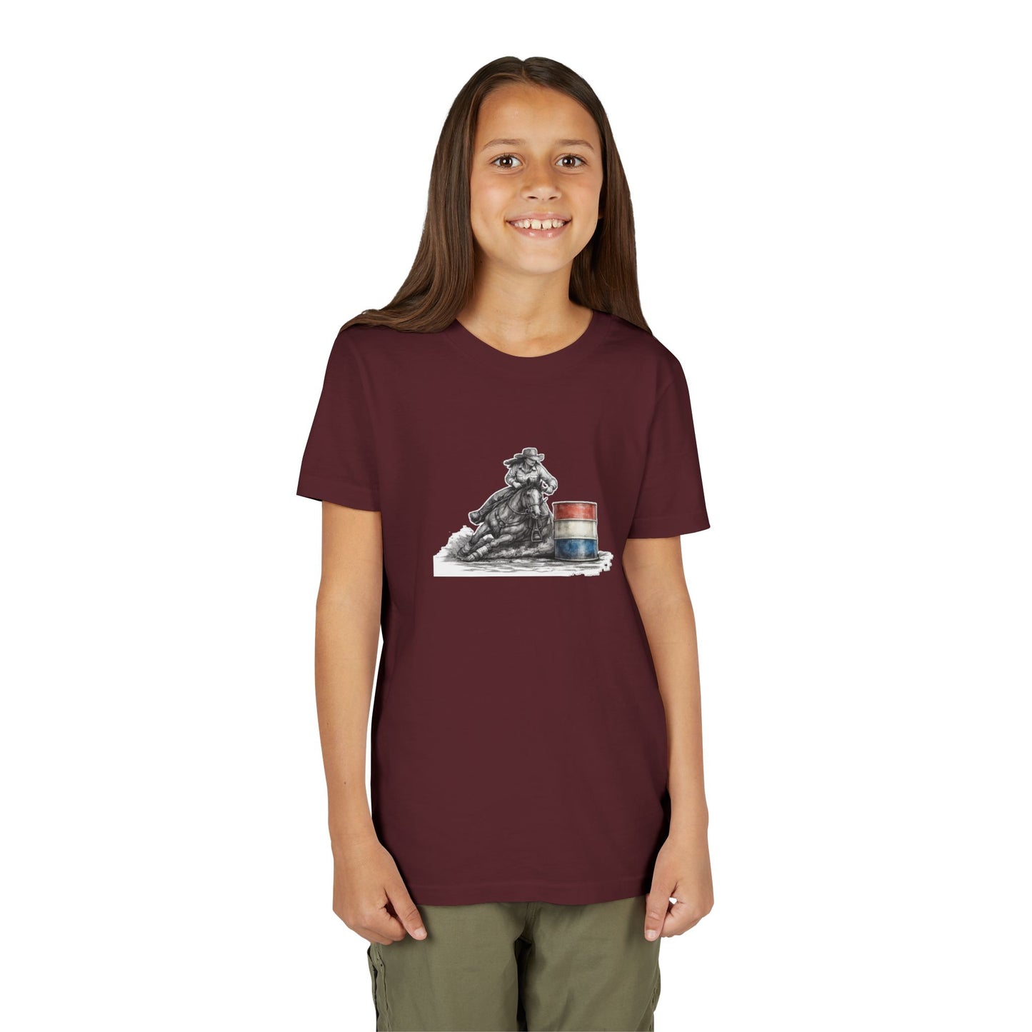 Youth Tee — Rodeo Cowgirl with Patriotic Barrel Graphic