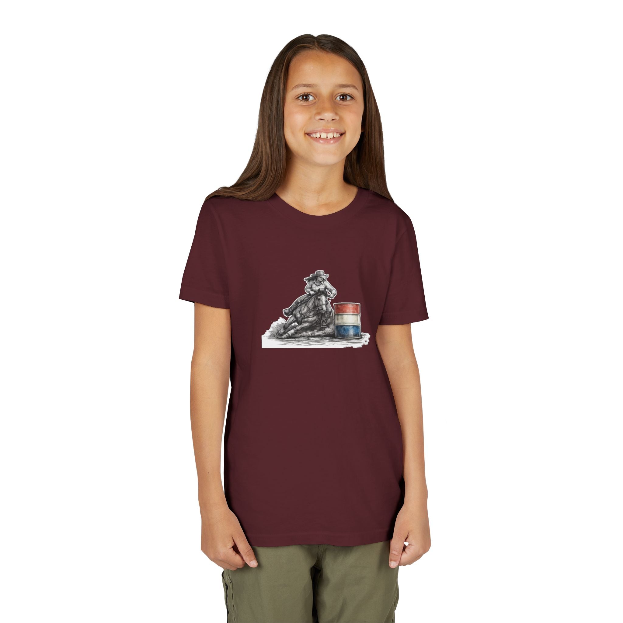 Youth Tee — Rodeo Cowgirl with Patriotic Barrel Graphic